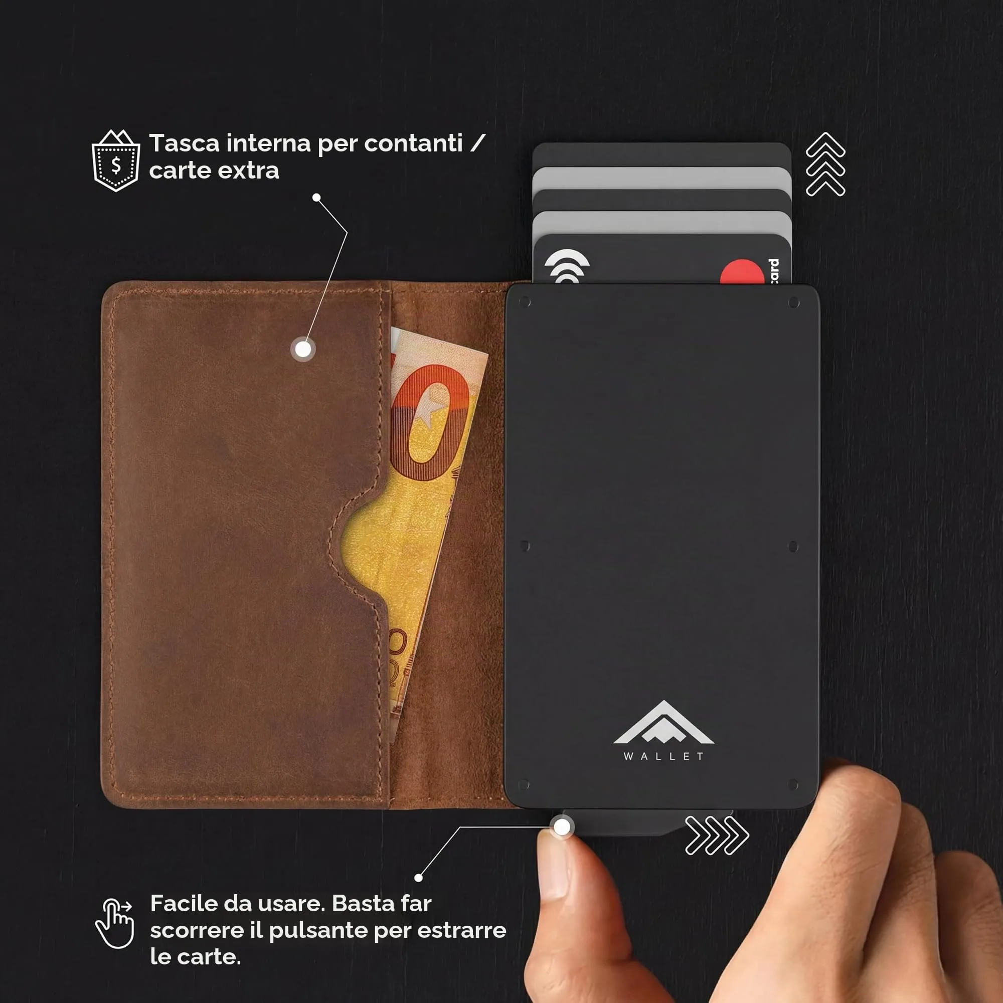 Stealth Wallet Portafoglio in Vera Pelle Marrone Uomo RFID Pop-Up SW-003 - immagine 5