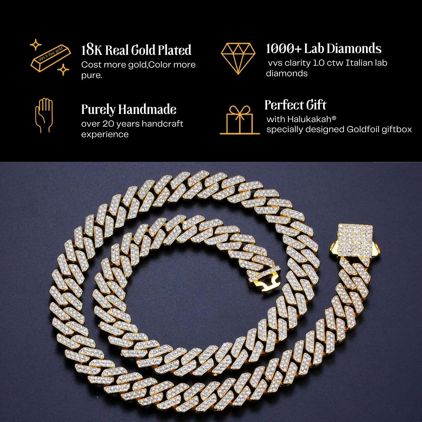 HALUKAKAH Collana a Maglie Cubane in Oro 18 Carati con Diamanti di Laboratorio, 12 mm x 50 cm - immagine 5