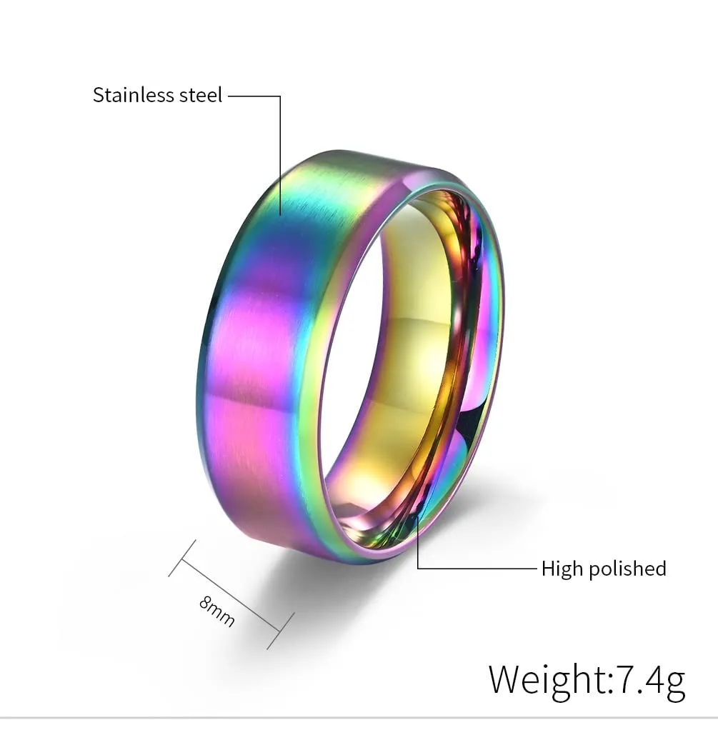 HIJONES Anello da Uomo in Acciaio Inossidabile Spazzolato Opaco, Fede Nuziale Classica 8mm Arcobaleno, Taglia 25 - immagine 2