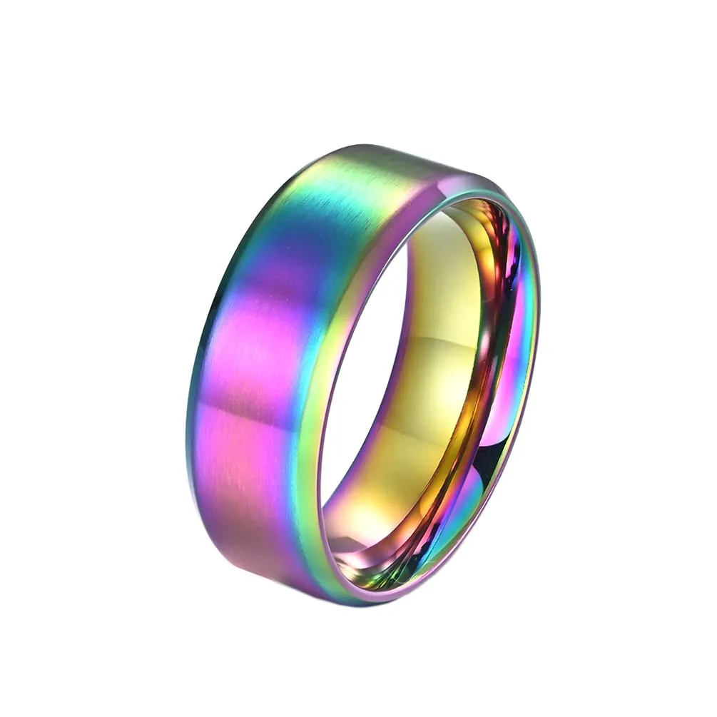 HIJONES Anello da Uomo in Acciaio Inossidabile Spazzolato Opaco, Fede Nuziale Classica 8mm Arcobaleno, Taglia 12 - immagine 1