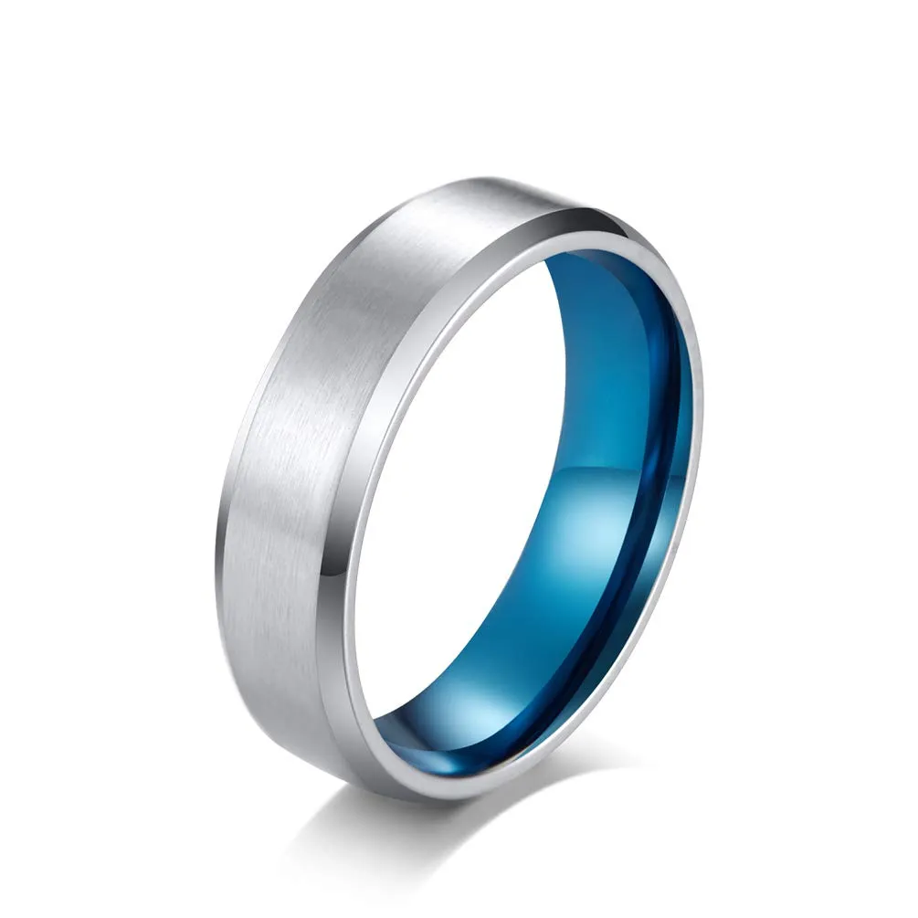 HIJONES Anello da Uomo in Acciaio Inossidabile Spazzolato Opaco, Fede Nuziale Classica 6mm, Argento Blu, Taglia 19 - immagine 1