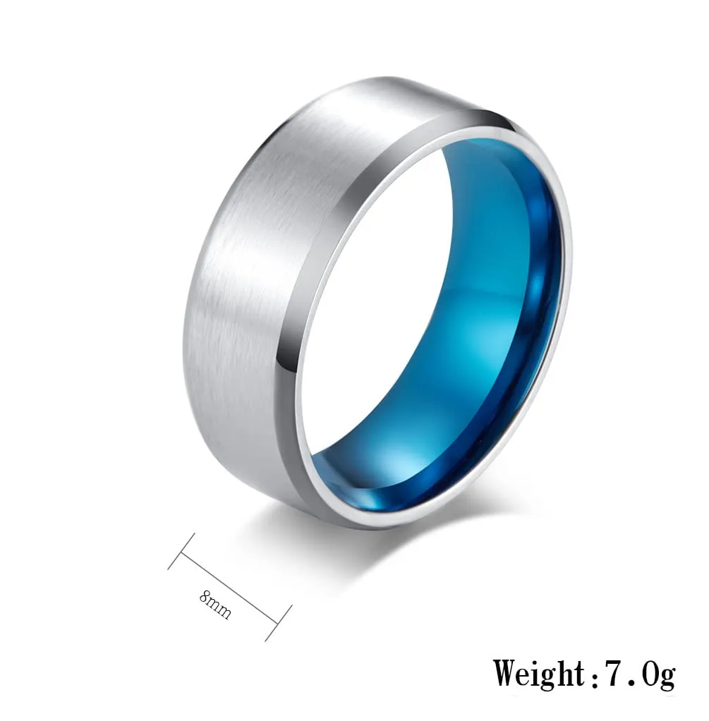 HIJONES Anello da Uomo in Acciaio Inossidabile Spazzolato Opaco, Fede Nuziale Classica 8mm Argento Blu Taglia 22 - immagine 2