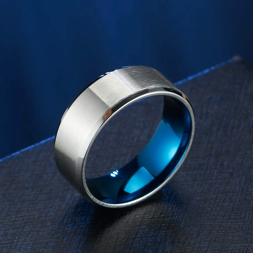 HIJONES Anello da Uomo in Acciaio Inossidabile Spazzolato Opaco, Fede Nuziale Classica 8mm Argento Blu Taglia 22 - immagine 3