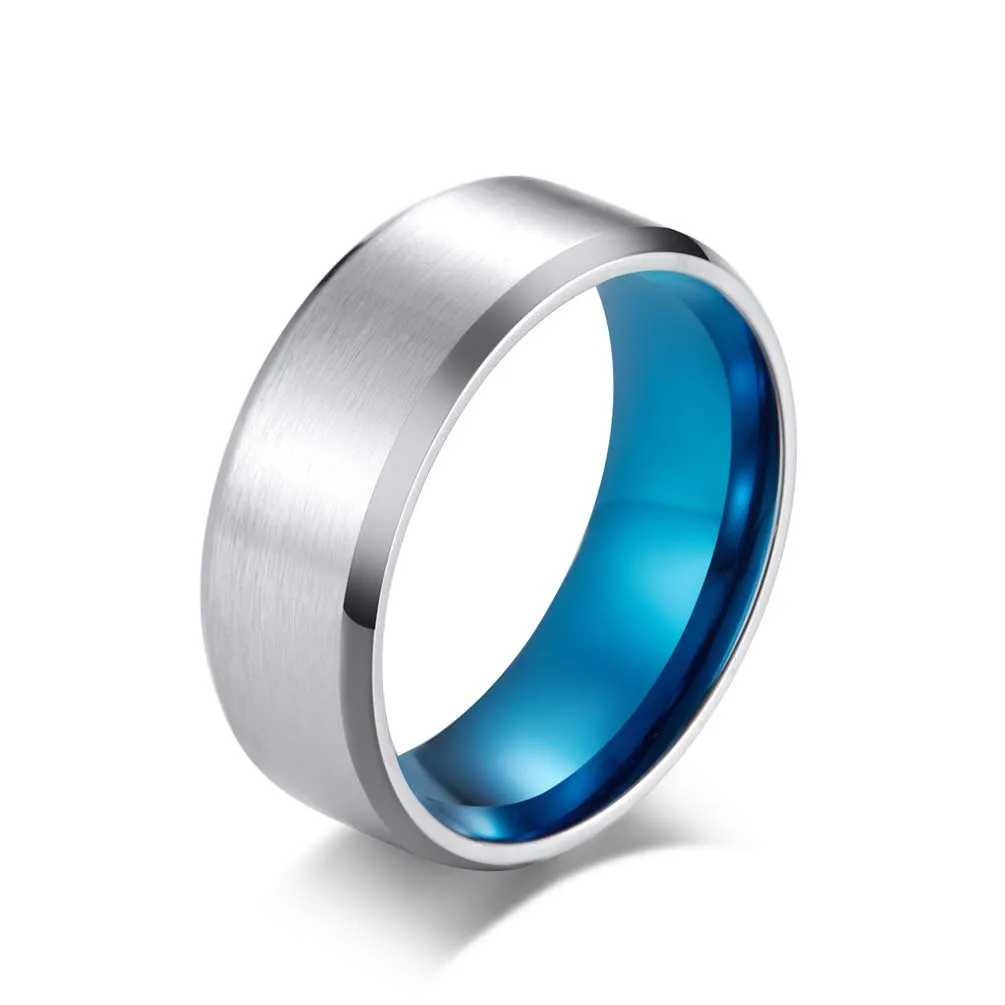 HIJONES Anello da Uomo in Acciaio Inossidabile Spazzolato Opaco, Fede Nuziale Classica 8mm, Argento Blu, Taglia 25 - immagine 1