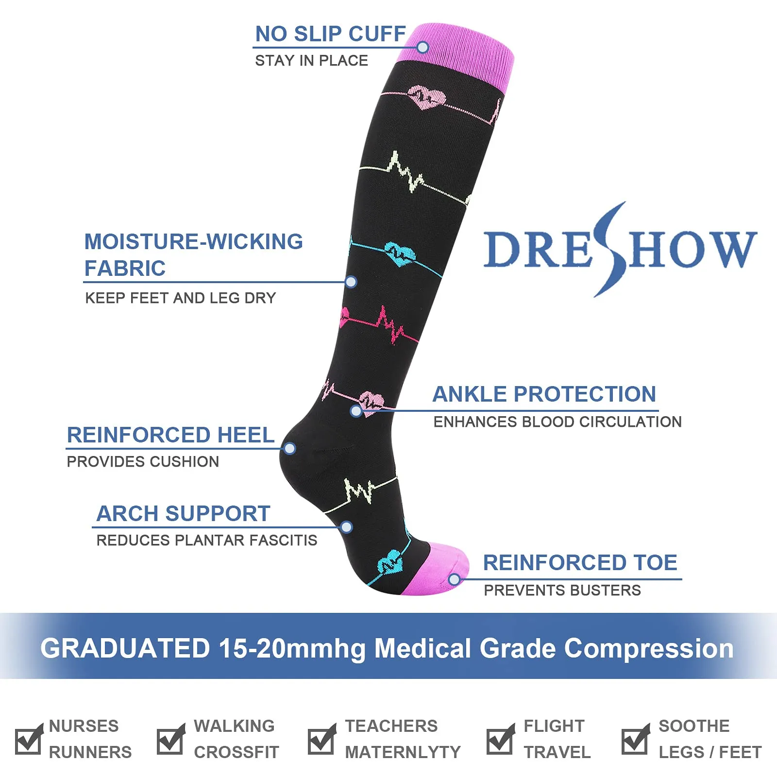 DRESHOW Calze a Compressione per Donna e Uomo, 4 Paia - immagine 6