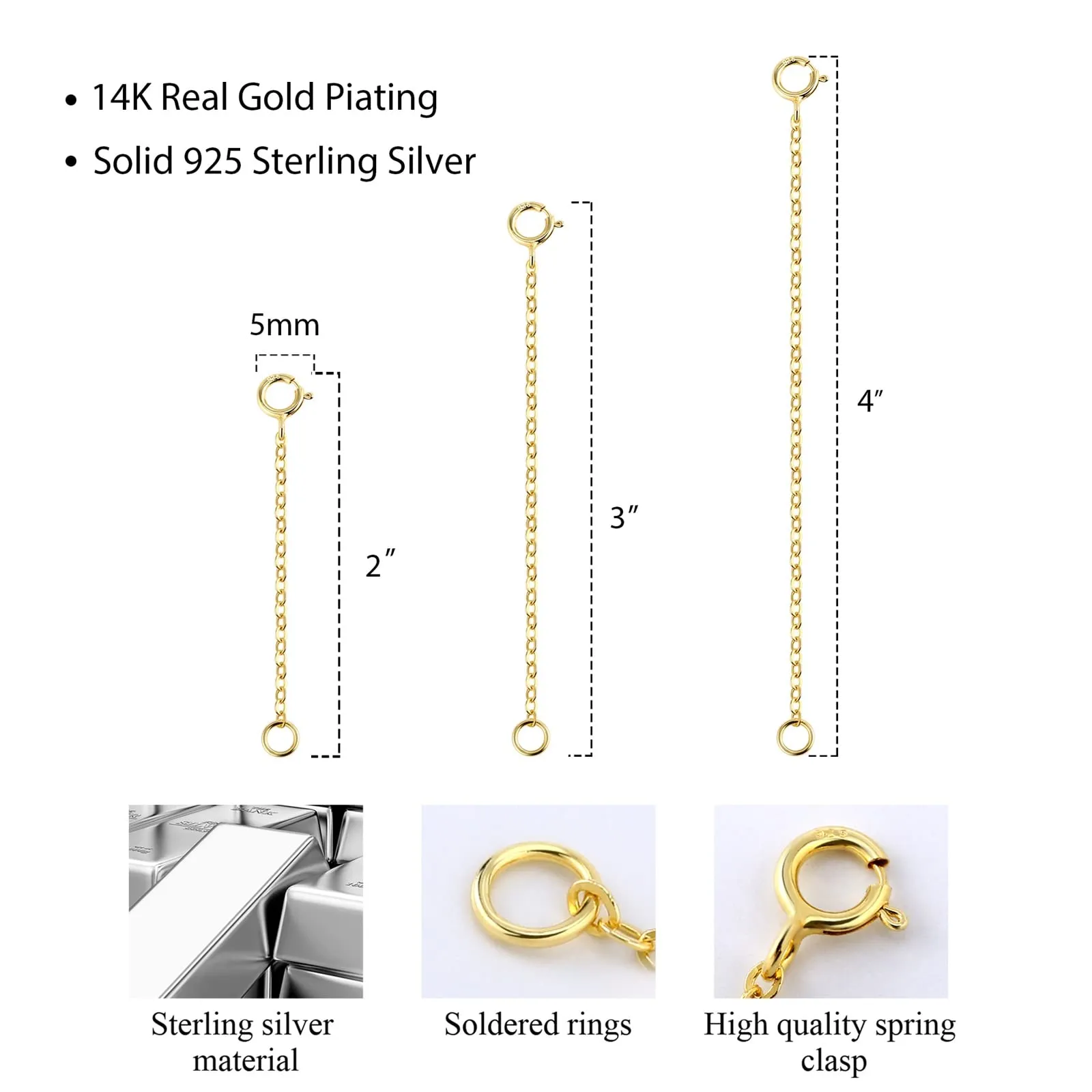 LANCHARMED Estensori per Collane e Cavigliere in Argento 925 Placcato Oro 14K, Set 3 Pezzi (2, 3, 4 pollici) - immagine 6