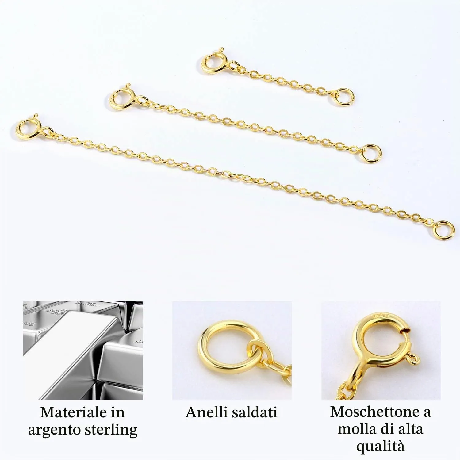 LANCHARMED Catene Estensione in Argento Sterling 925 Placcato Oro 14K, 3 Pezzi Regolabili per Collane e Bracciali - immagine 6