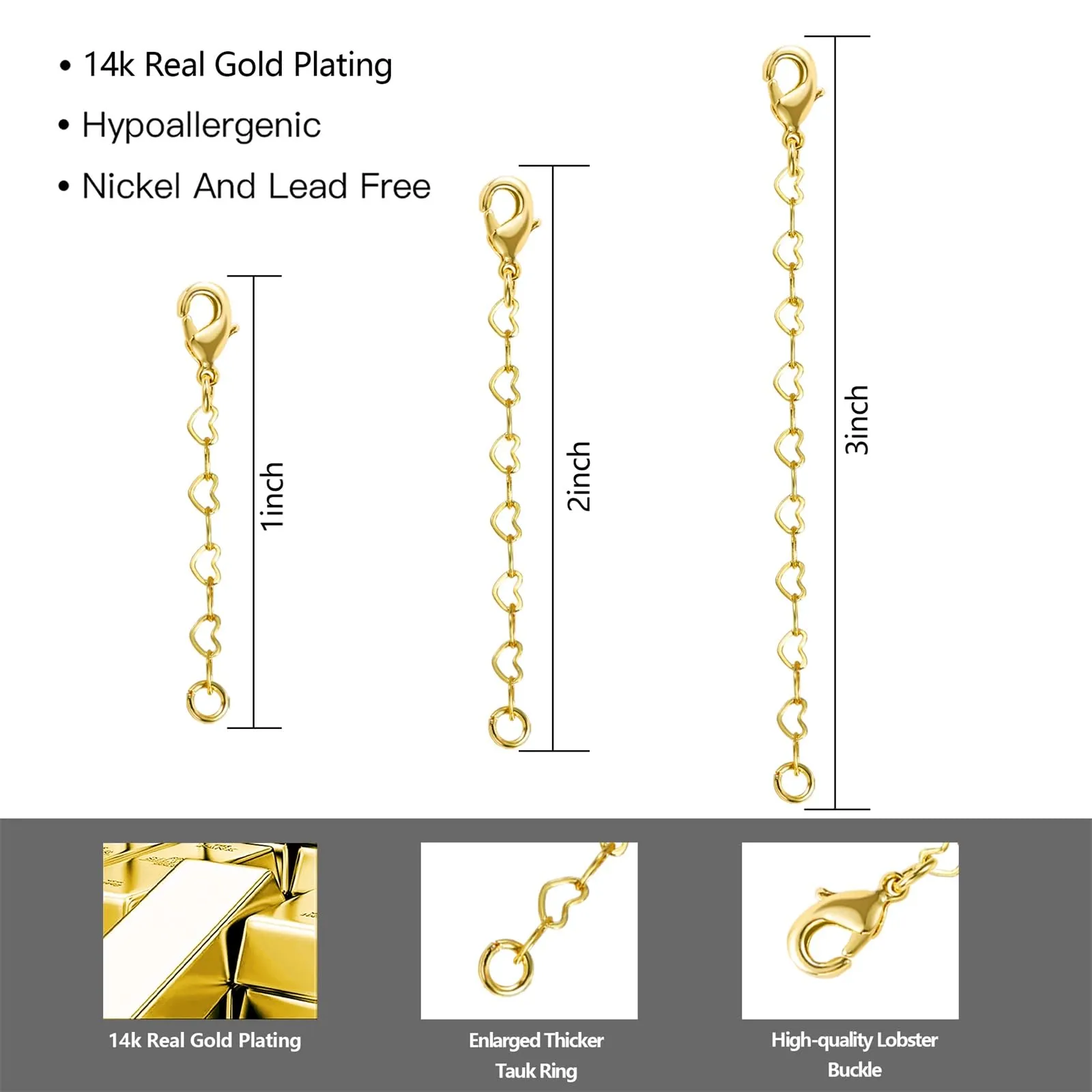 LANCHARMED Catene Estensione in Oro 14K per Collane e Bracciali Donna, 3 Pezzi (1, 2, 3 pollici) - immagine 5