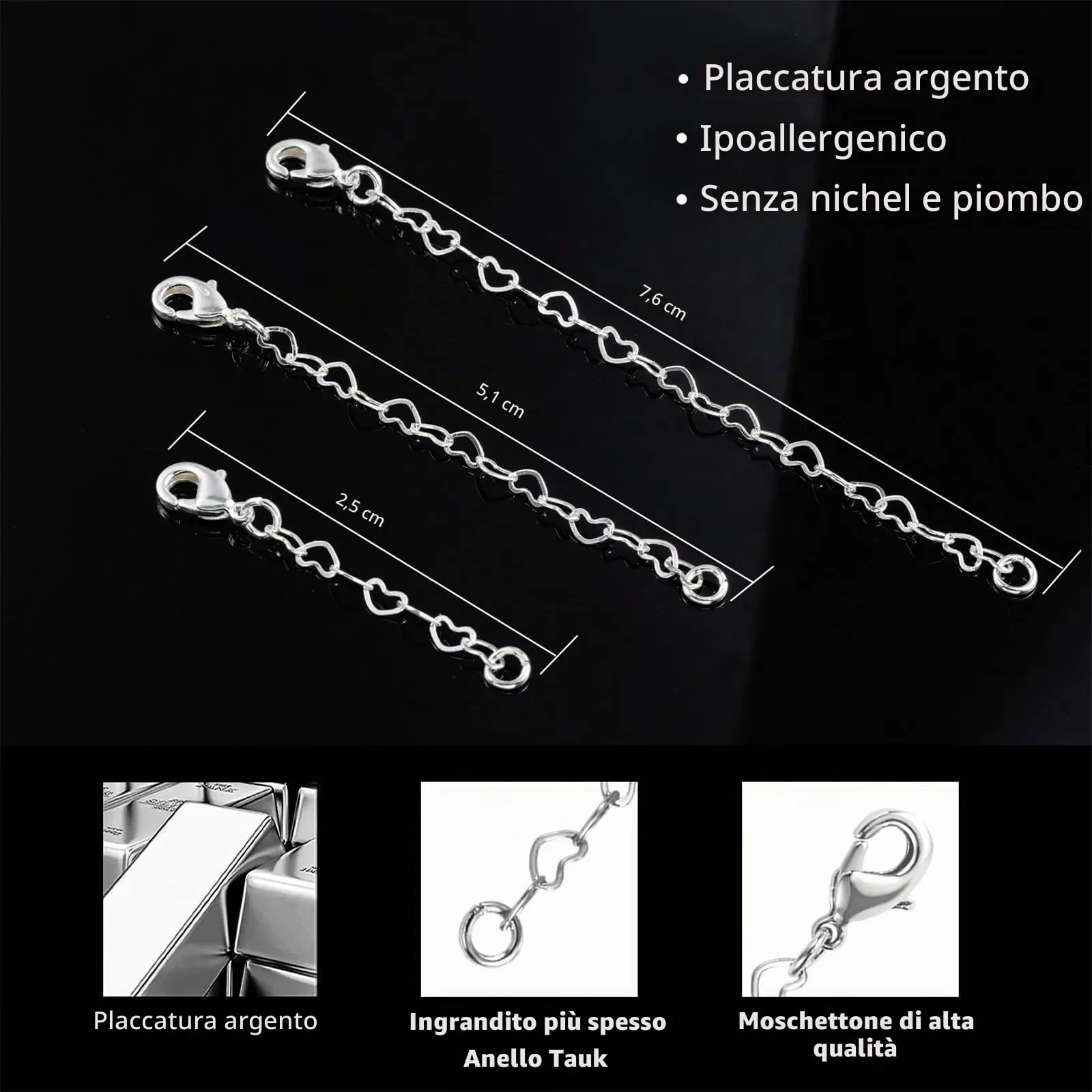 LANCHARMED Catene Estensione Argento per Collane e Bracciali Donna, 3 Pezzi Regolabili - immagine 5