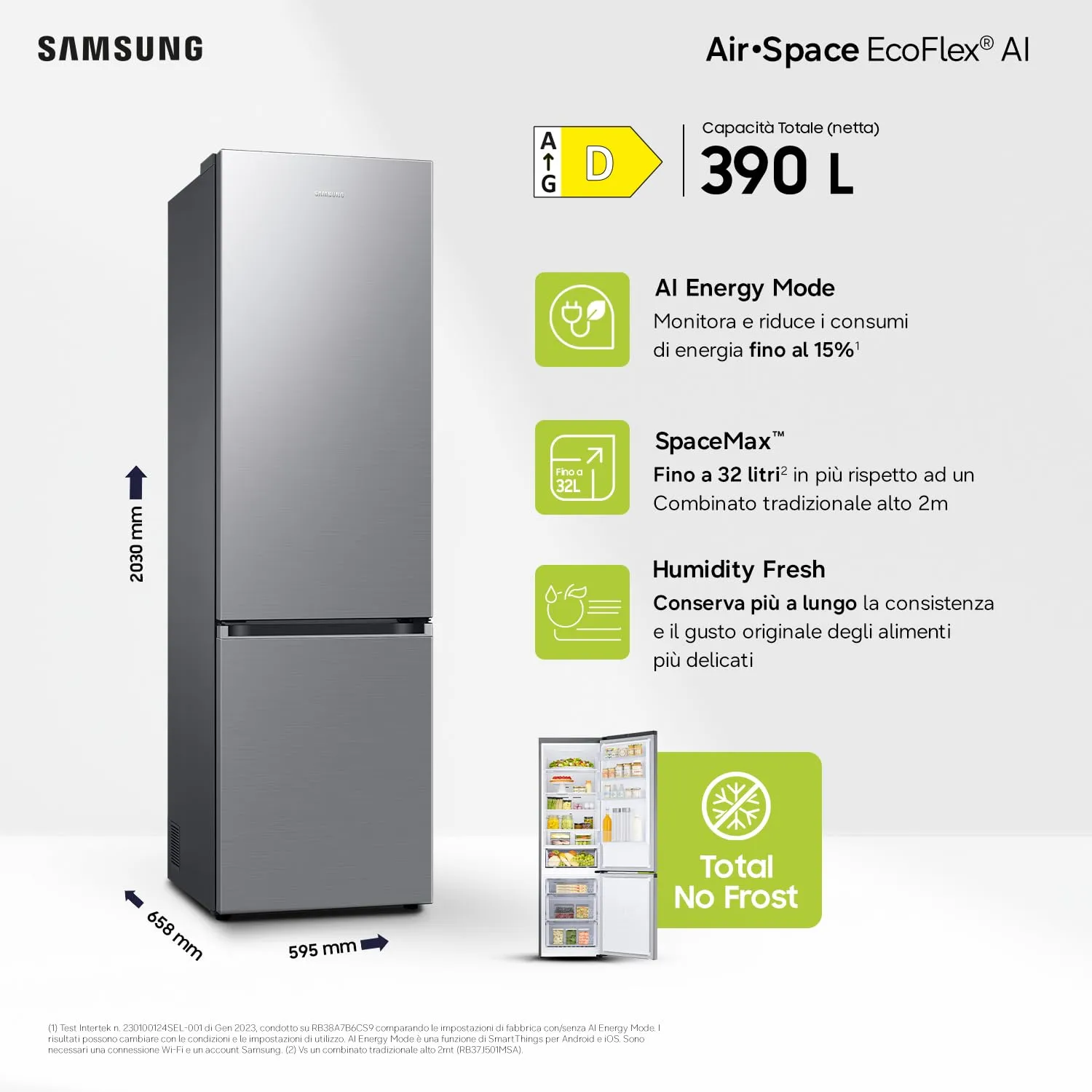 Samsung EcoFlex AI Frigorifero Combinato RB38C600DSA/EF, 390 L, Silver Inox - immagine 2