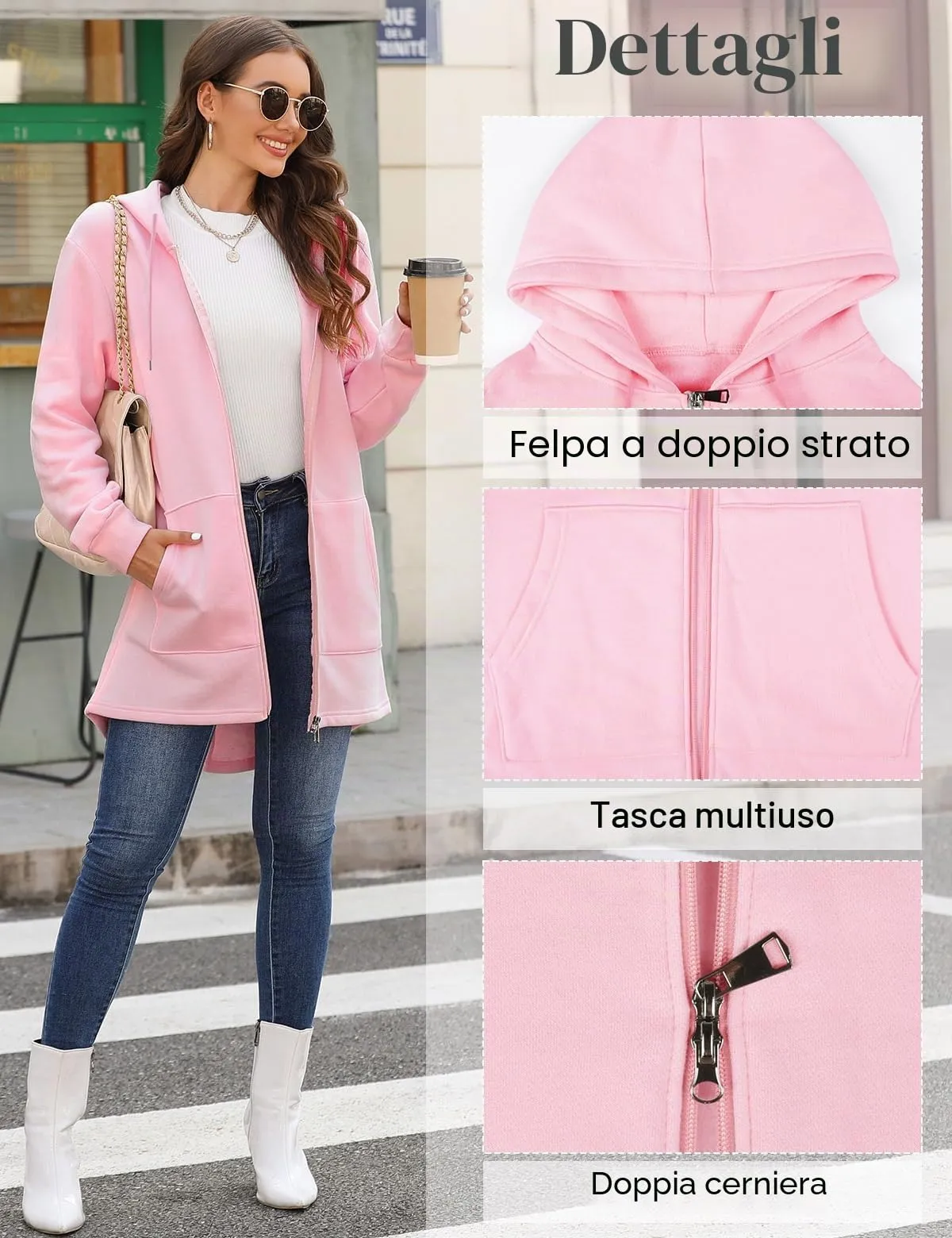 Tuopuda Felpa con Cappuccio e Zip in Pile da Donna, Rosa, XL - immagine 3