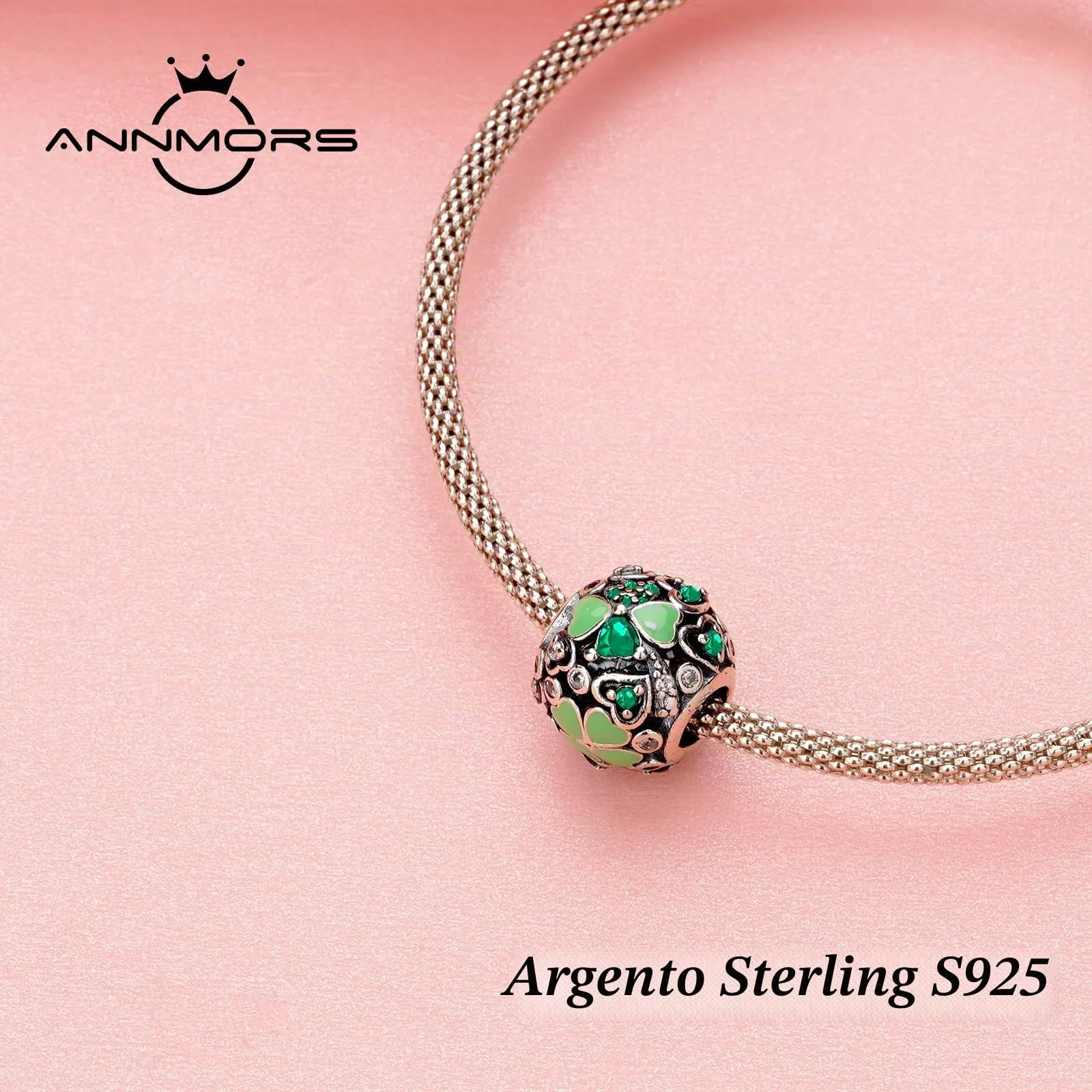 Annmors Ciondolo Argento Sterling 925 Lucky Clover con Zirconi 5A per Bracciali e Collane Europei - immagine 2