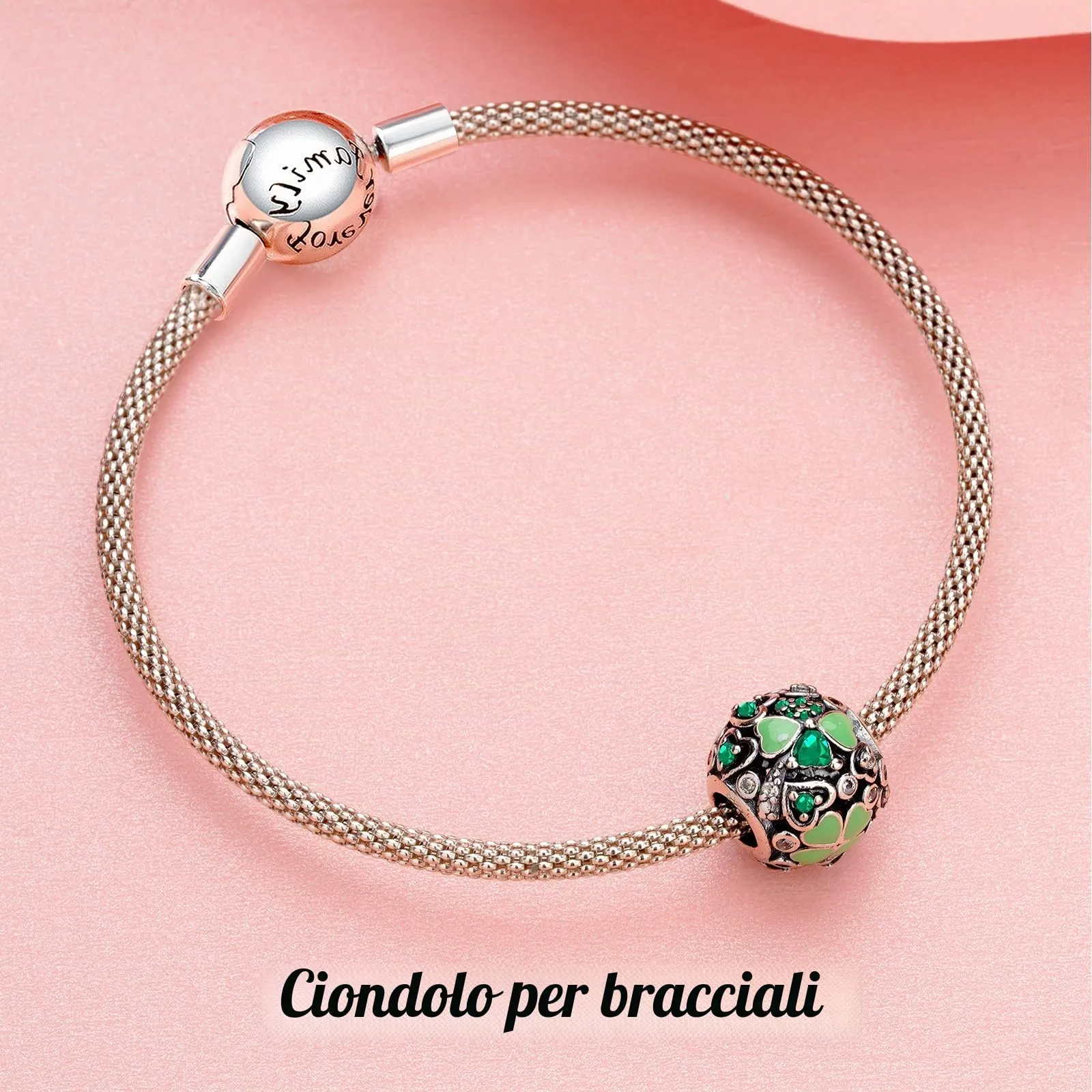 Annmors Ciondolo Argento Sterling 925 Lucky Clover con Zirconi 5A per Bracciali e Collane Europei - immagine 3