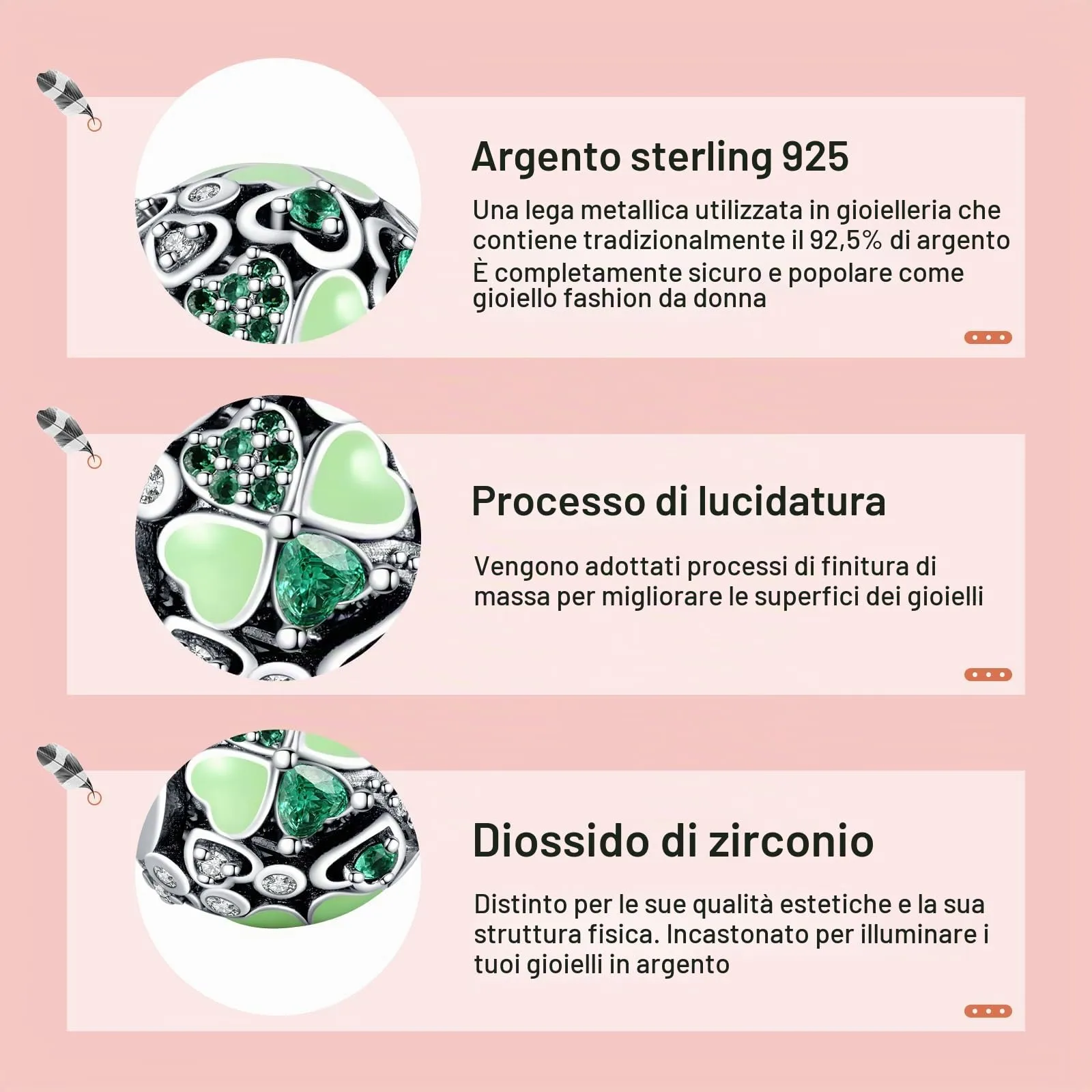 Annmors Ciondolo Argento Sterling 925 Lucky Clover con Zirconi 5A per Bracciali e Collane Europei - immagine 4