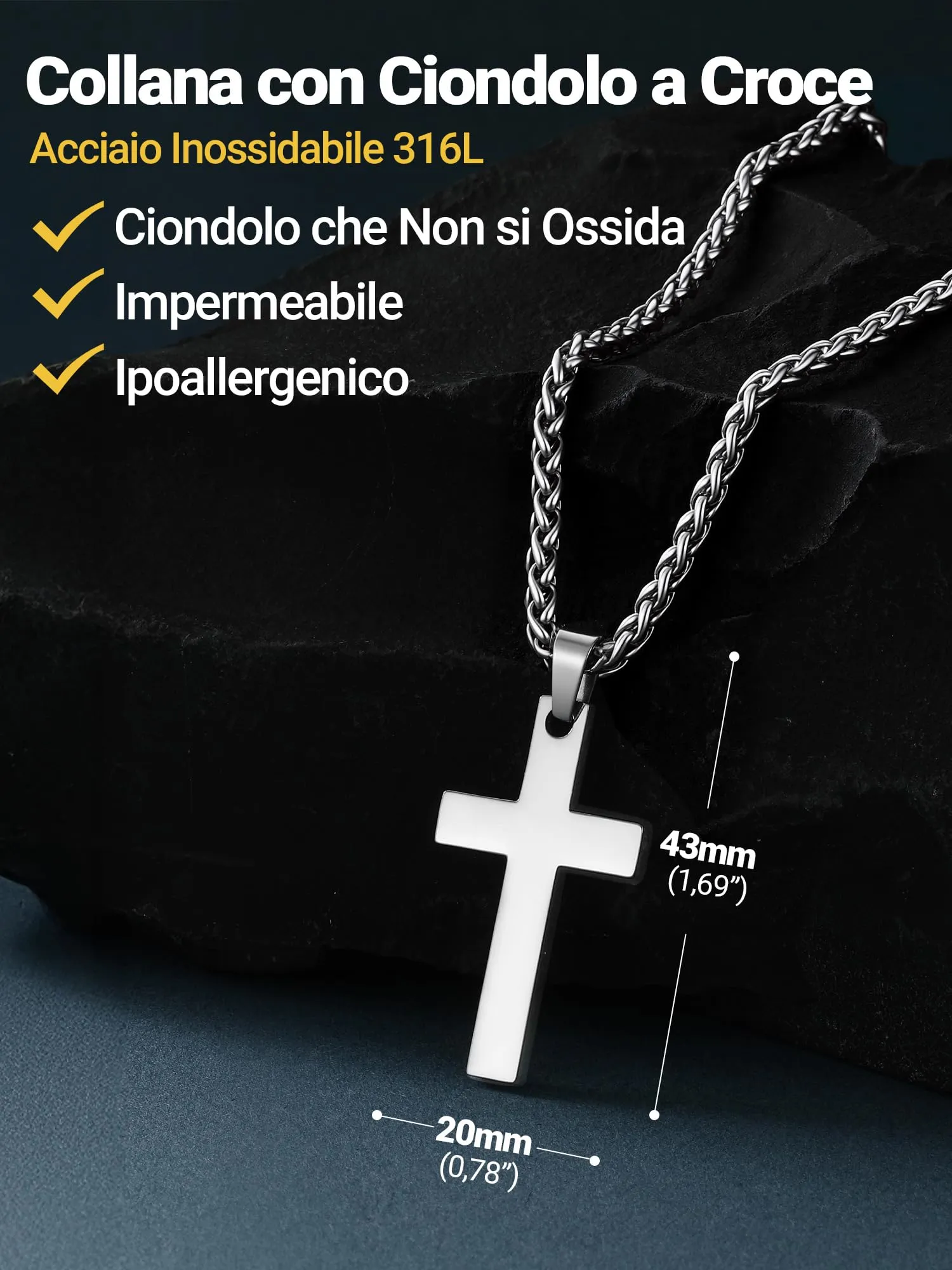 PROSTEEL Collana Croce Uomo in Acciaio Inox 316L, Argento 43mm - immagine 3