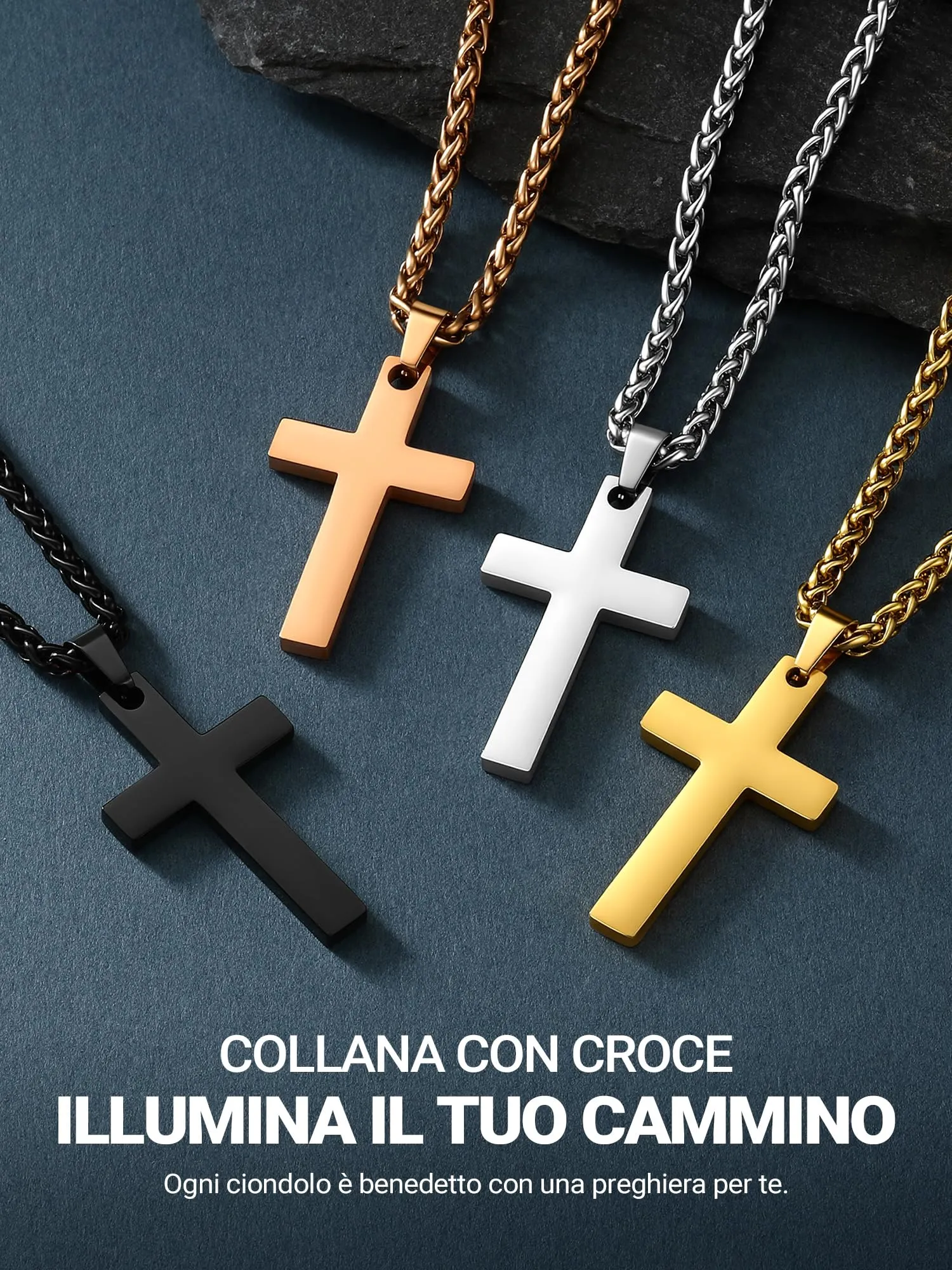 PROSTEEL Collana Croce Uomo Nero 43mm Acciaio Inox 316L - immagine 3