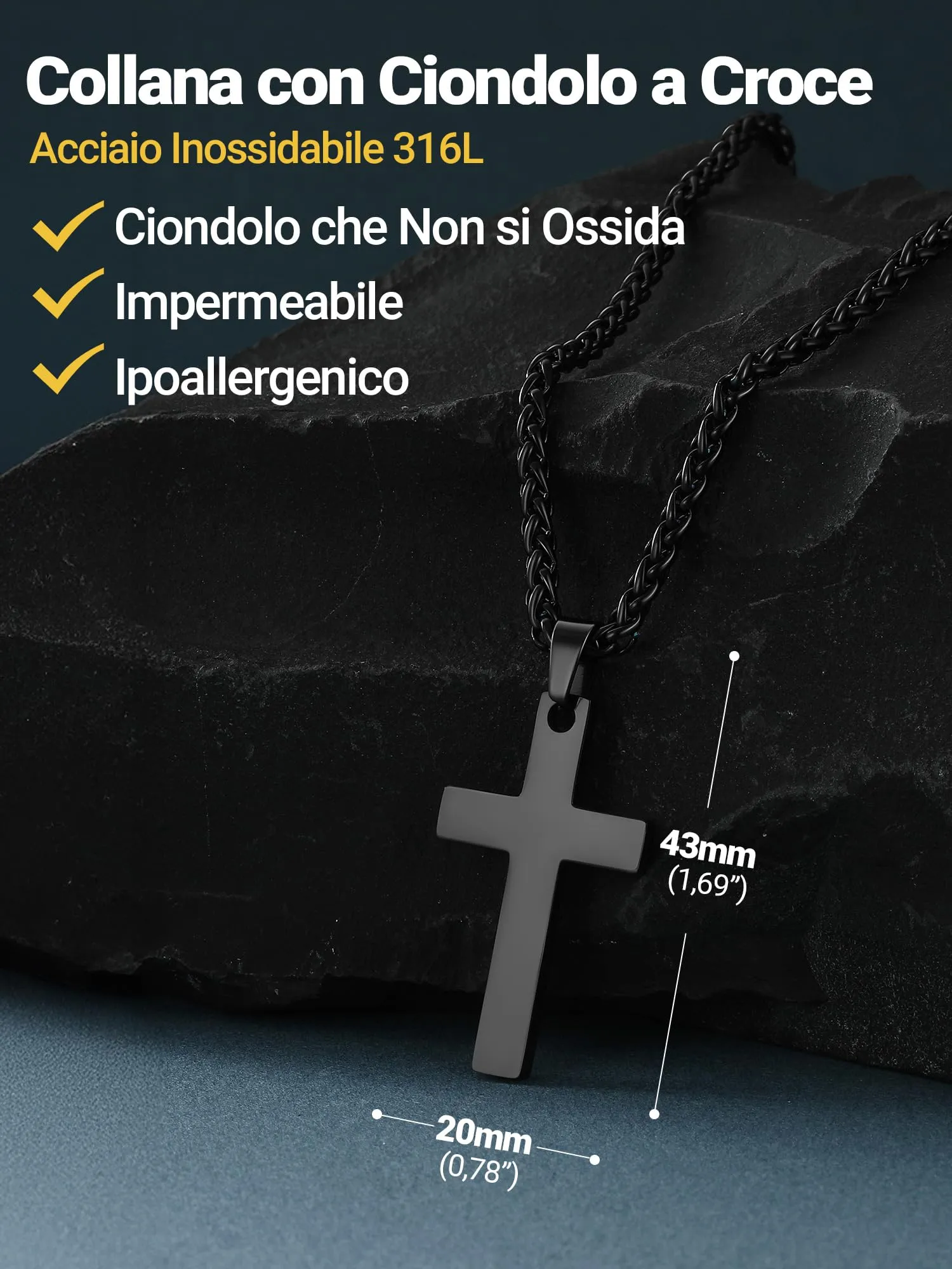 PROSTEEL Collana Croce Uomo Nero 43mm Acciaio Inox 316L - immagine 5