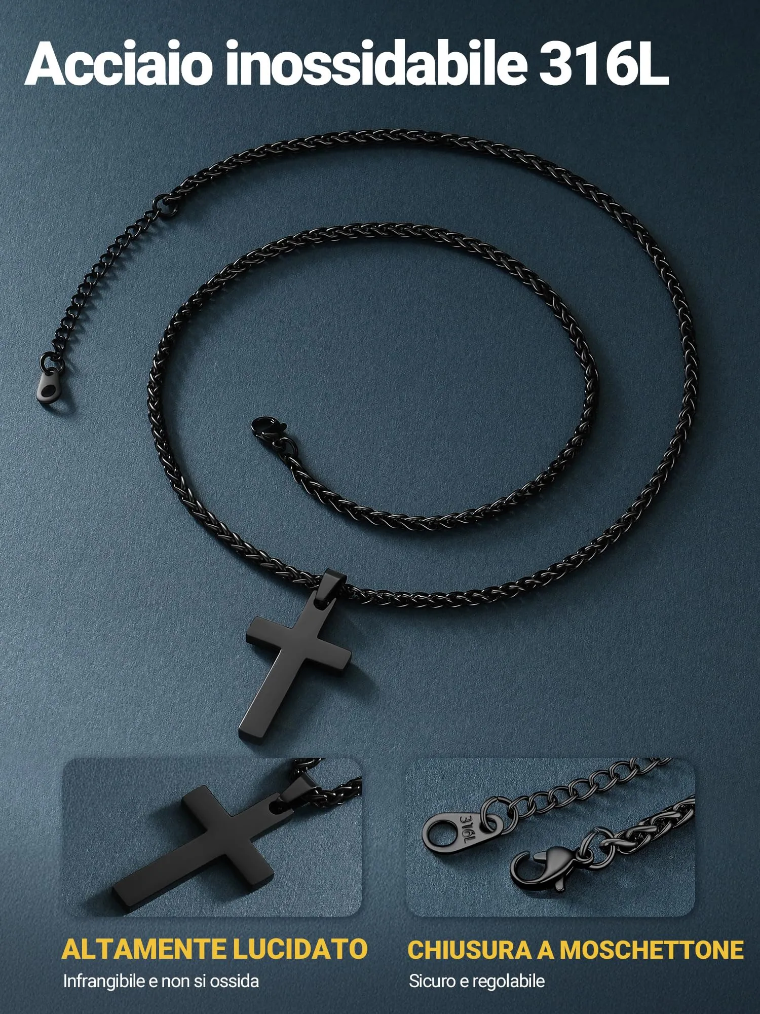 PROSTEEL Collana Croce Uomo Nero 43mm Acciaio Inox 316L - immagine 6