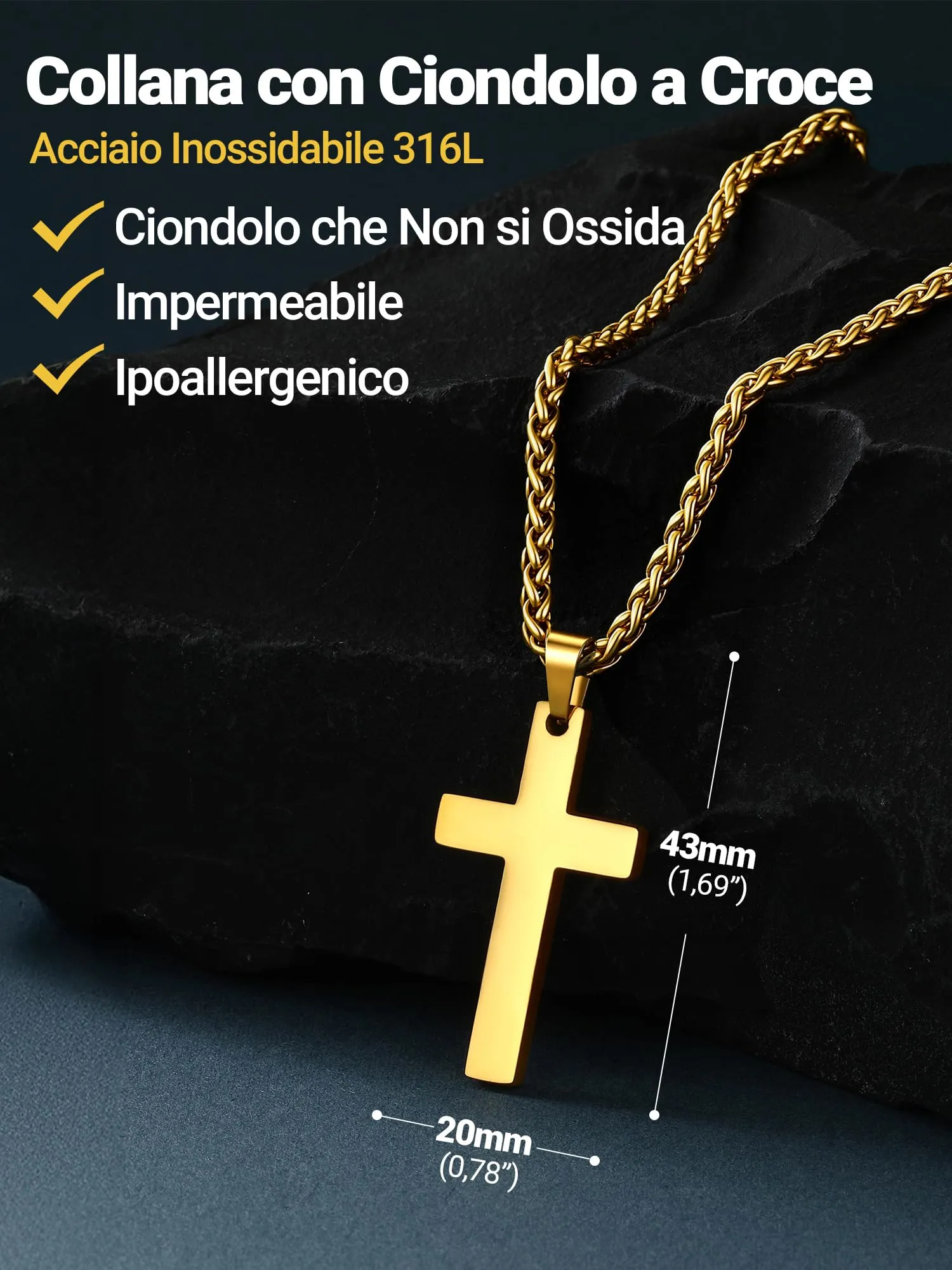 PROSTEEL Collana Croce Uomo Oro 43mm Acciaio Inox 316L - immagine 4