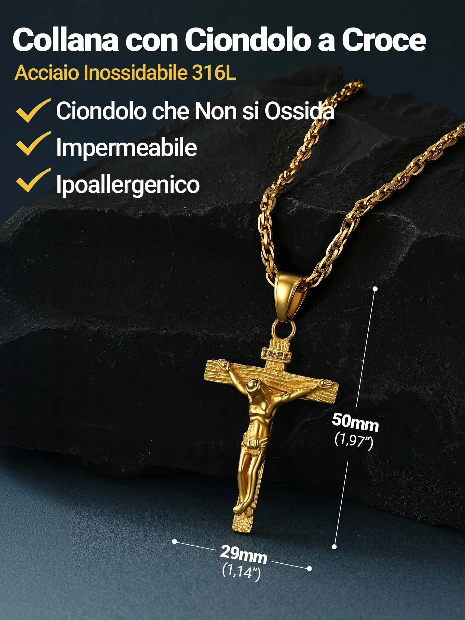 PROSTEEL Collana Croce Uomo in Acciaio Inossidabile 316L Oro 50mm - immagine 3