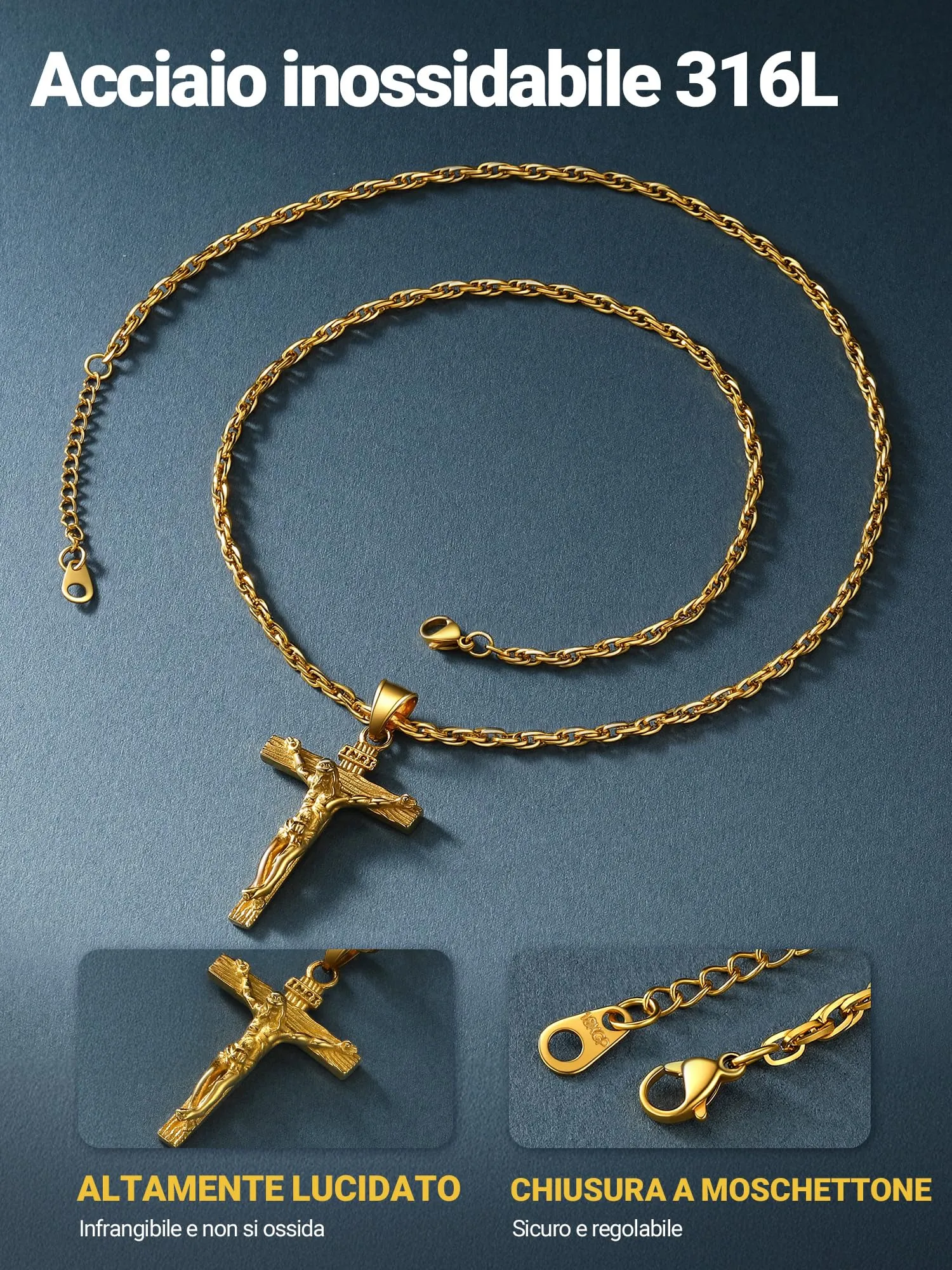 PROSTEEL Collana Croce Uomo in Acciaio Inossidabile 316L Oro 50mm - immagine 5