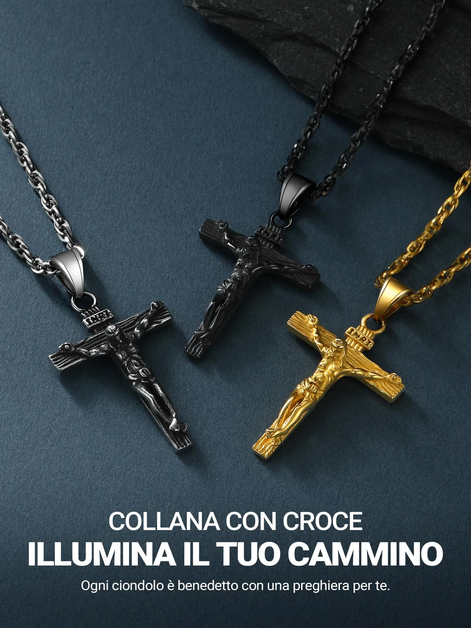 PROSTEEL Collana Croce Uomo in Acciaio Inossidabile 316L Oro 50mm - immagine 6