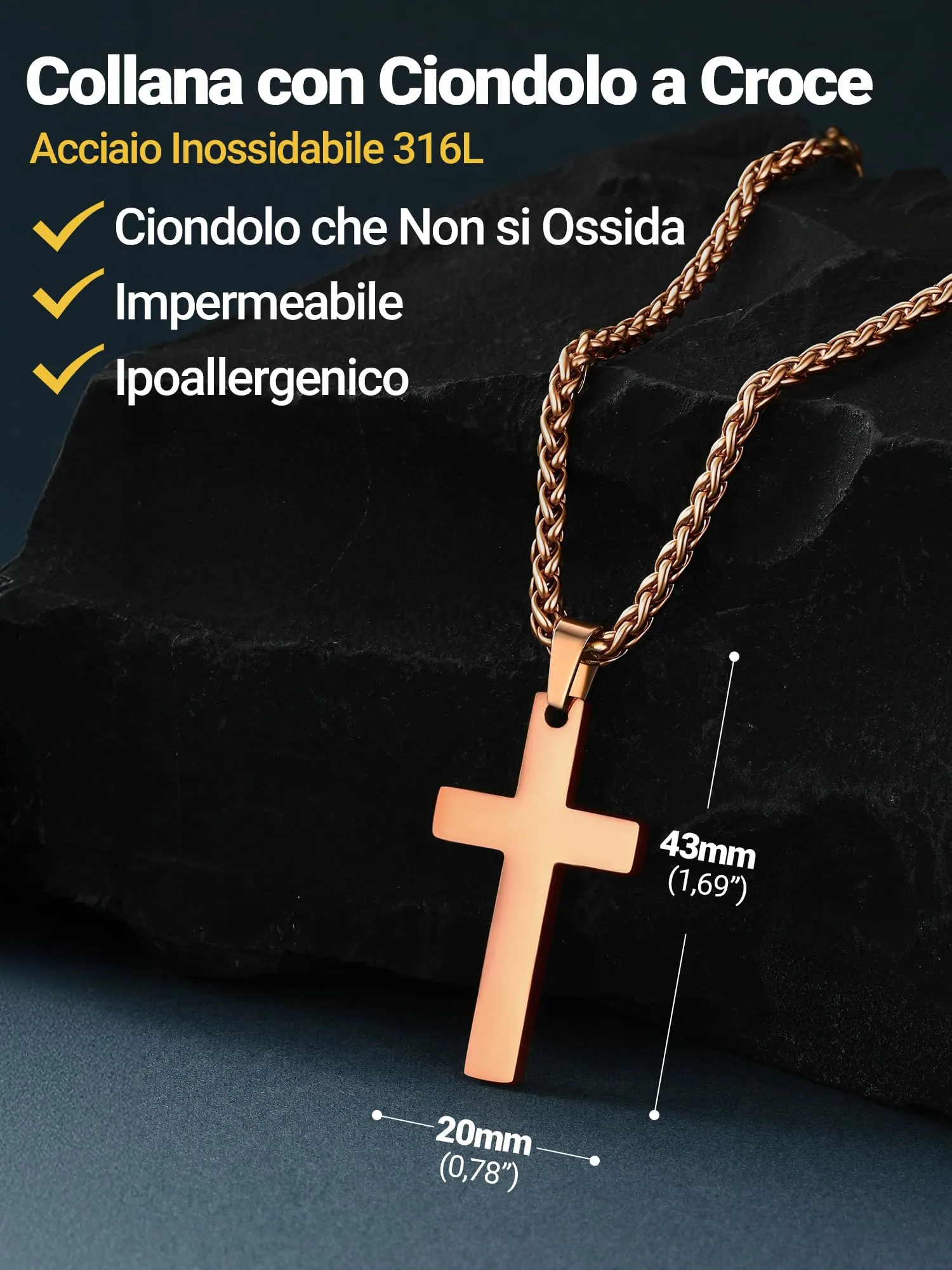 PROSTEEL Collana Croce Uomo Oro Rosa 43mm Acciaio Inox 316L - immagine 3