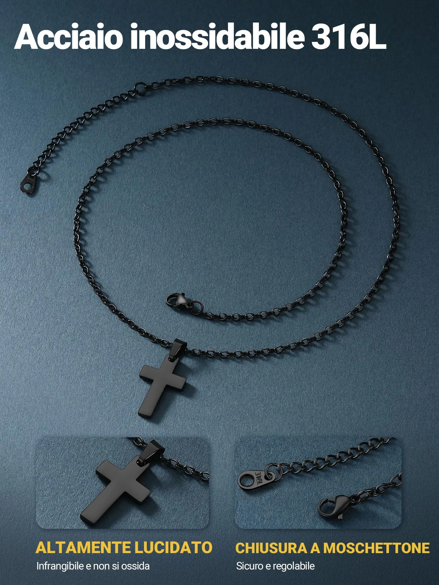 PROSTEEL Collana Croce Uomo Nero 31mm Acciaio Inox 316L - immagine 3