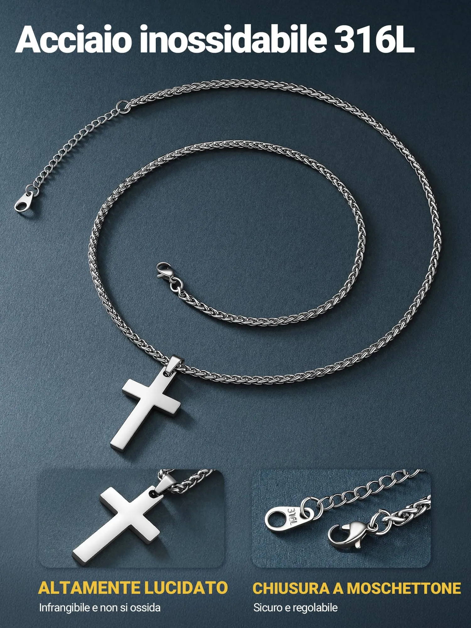 PROSTEEL Collana Croce Uomo Personalizzata in Acciaio Inox 316L Argento 43mm - immagine 4
