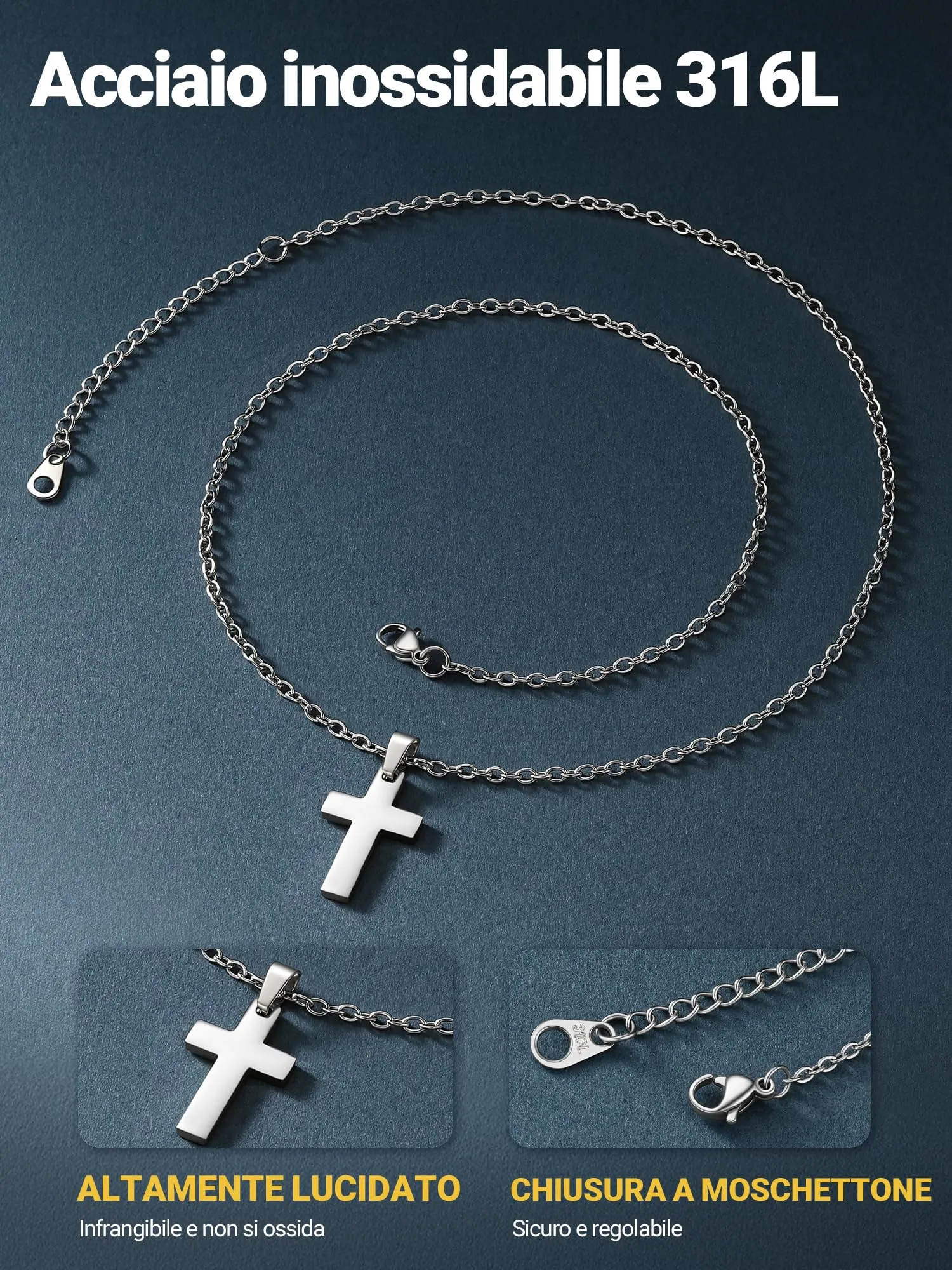PROSTEEL Collana Croce Personalizzata Uomo Argento 31mm Acciaio Inox 316L - immagine 3