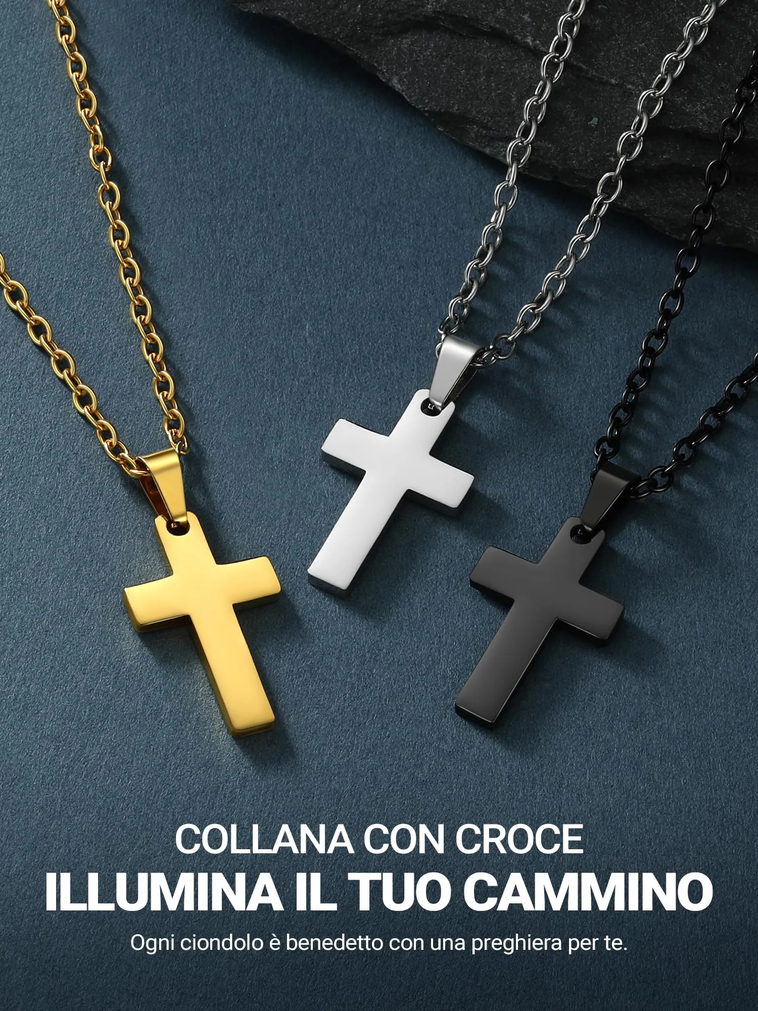 PROSTEEL Collana Croce Personalizzata Uomo Argento 31mm Acciaio Inox 316L - immagine 4