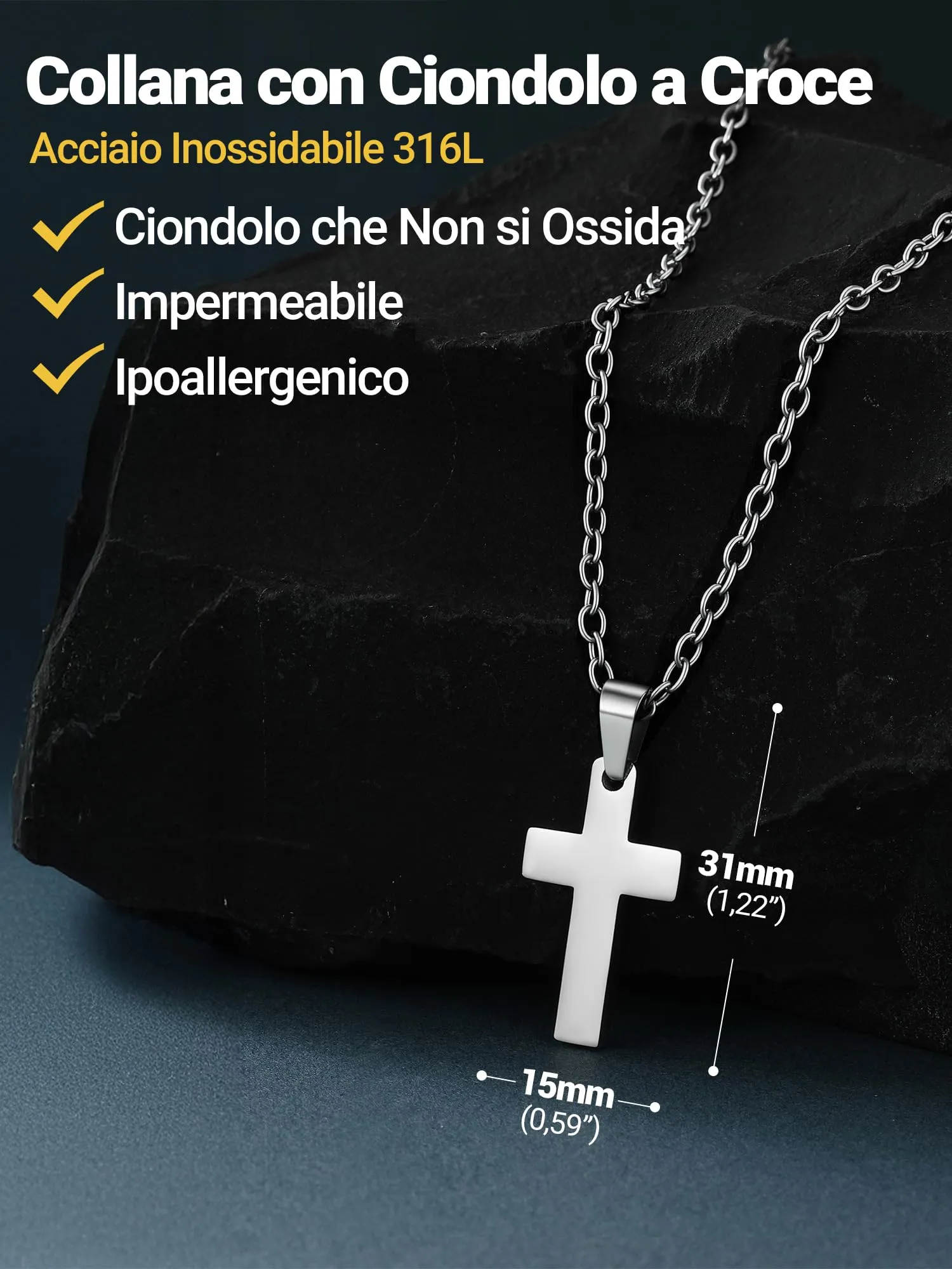PROSTEEL Collana Croce Personalizzata Uomo Argento 31mm Acciaio Inox 316L - immagine 5