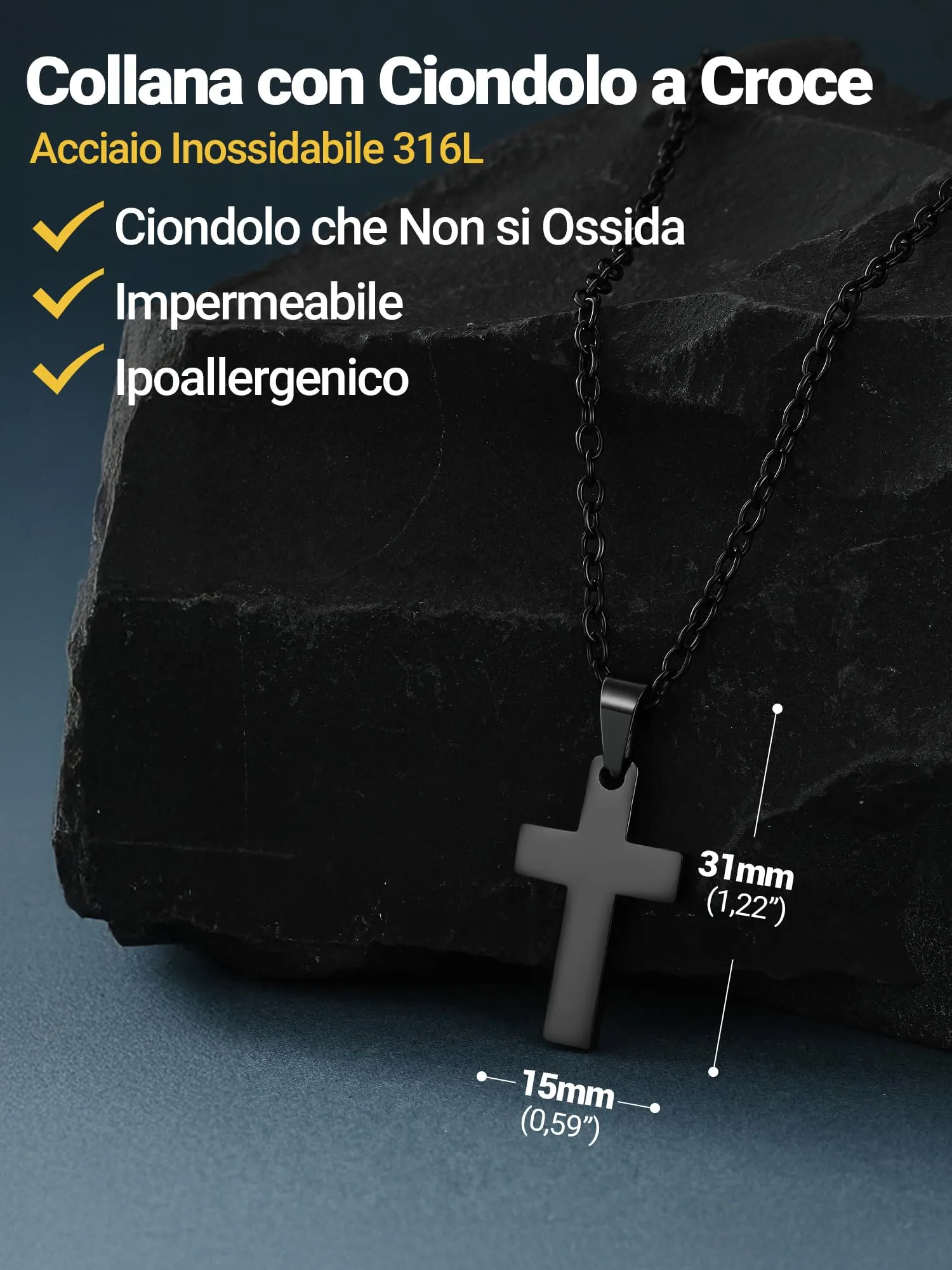 PROSTEEL Collana Croce Personalizzata Uomo, Nero, 31mm, Acciaio Inox 316L - immagine 6