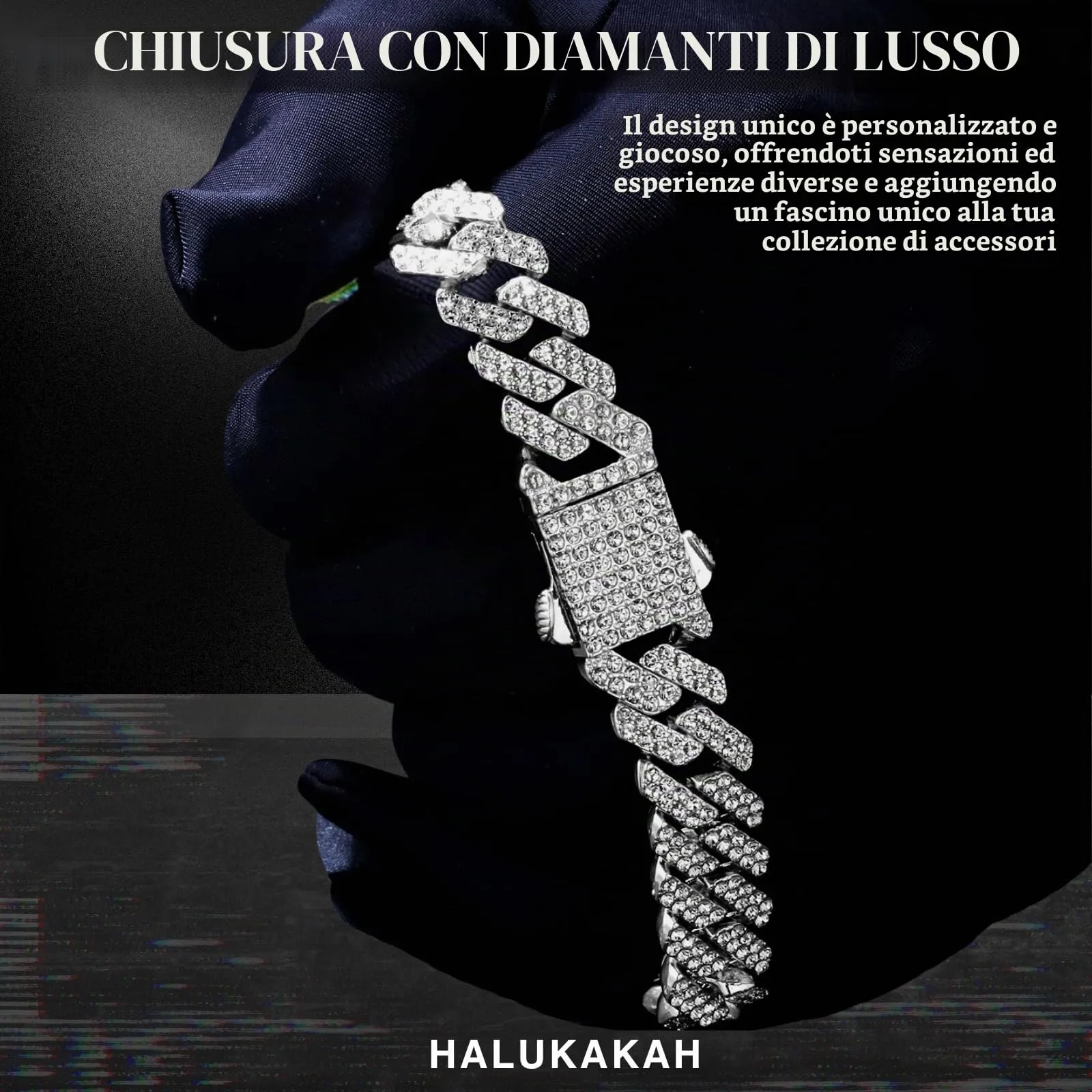 HALUKAKAH Bracciale a Maglie Cubane Placcato in Platino con Diamanti di Laboratorio, 12 mm x 20 cm - immagine 4