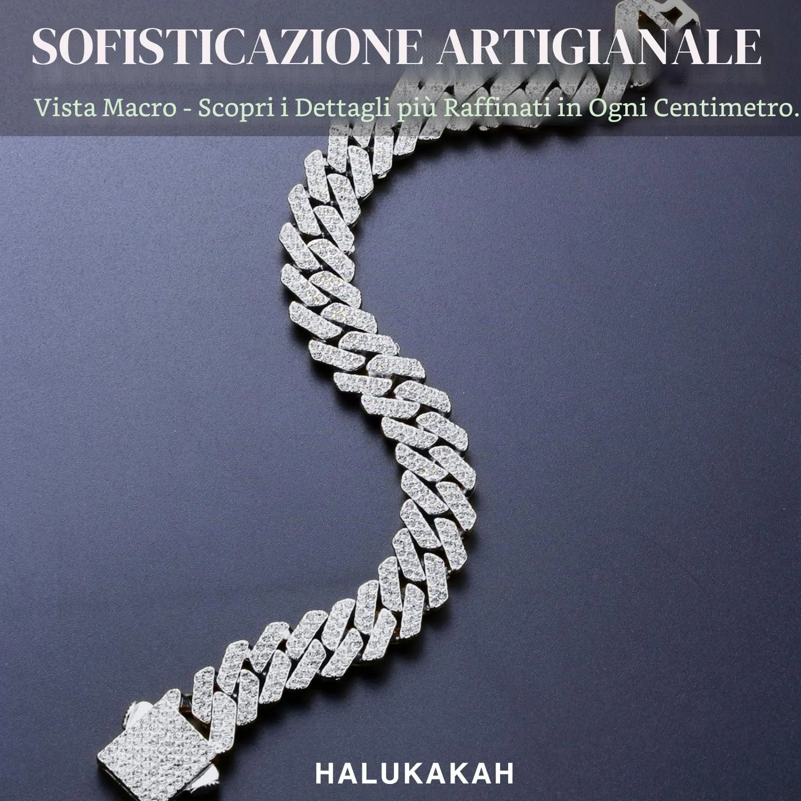 HALUKAKAH Bracciale a Maglie Cubane Placcato in Platino con Diamanti di Laboratorio, 12 mm x 20 cm - immagine 5