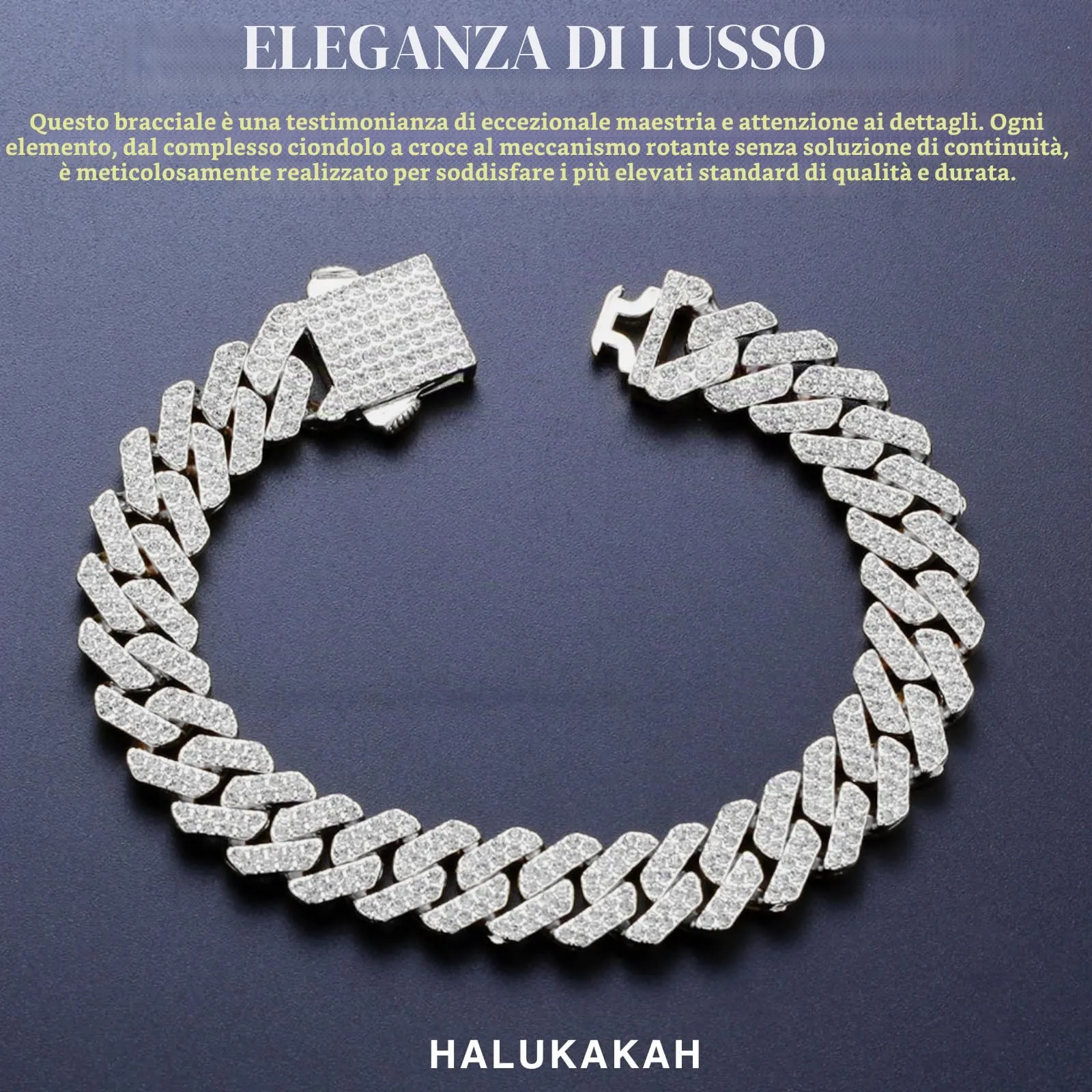 HALUKAKAH Bracciale a Maglie Cubane Placcato in Platino con Diamanti di Laboratorio, 12 mm x 20 cm - immagine 6