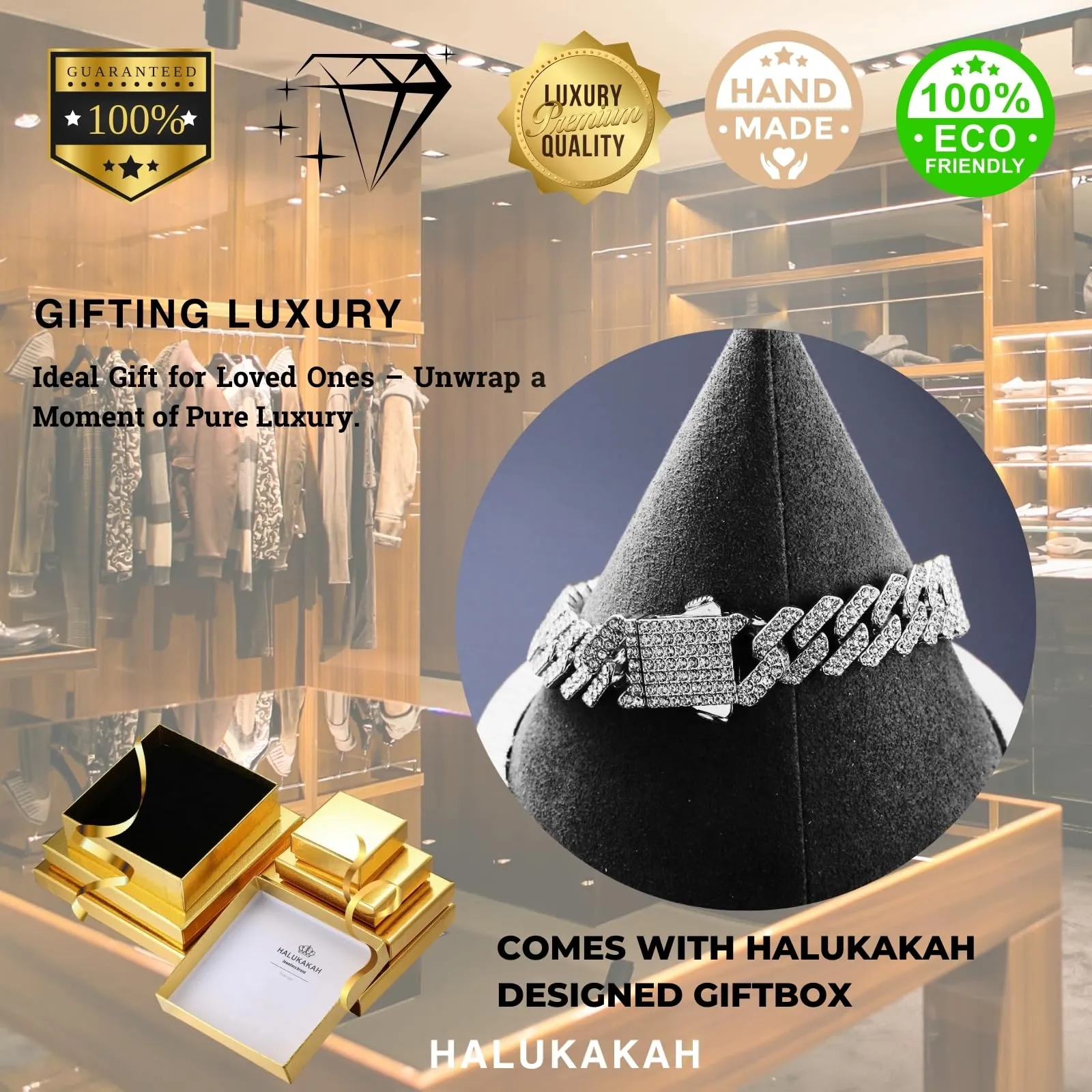 HALUKAKAH Bracciale a Maglie Cubane Placcato in Platino con Diamanti di Laboratorio, 12 mm x 20 cm - immagine 7