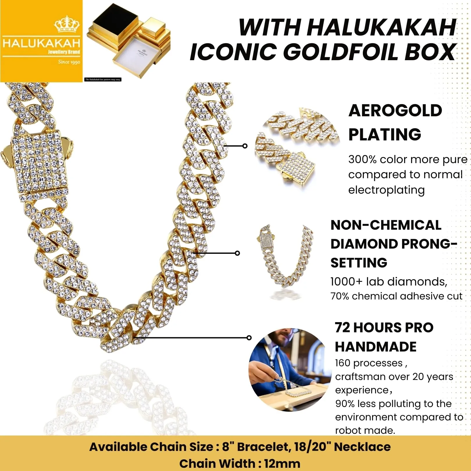 HALUKAKAH Set Collana e Bracciale a Maglie Cubane Placcati in Oro 18 Carati con Diamanti di Laboratorio, 12mm, 45cm e 20cm - immagine 4