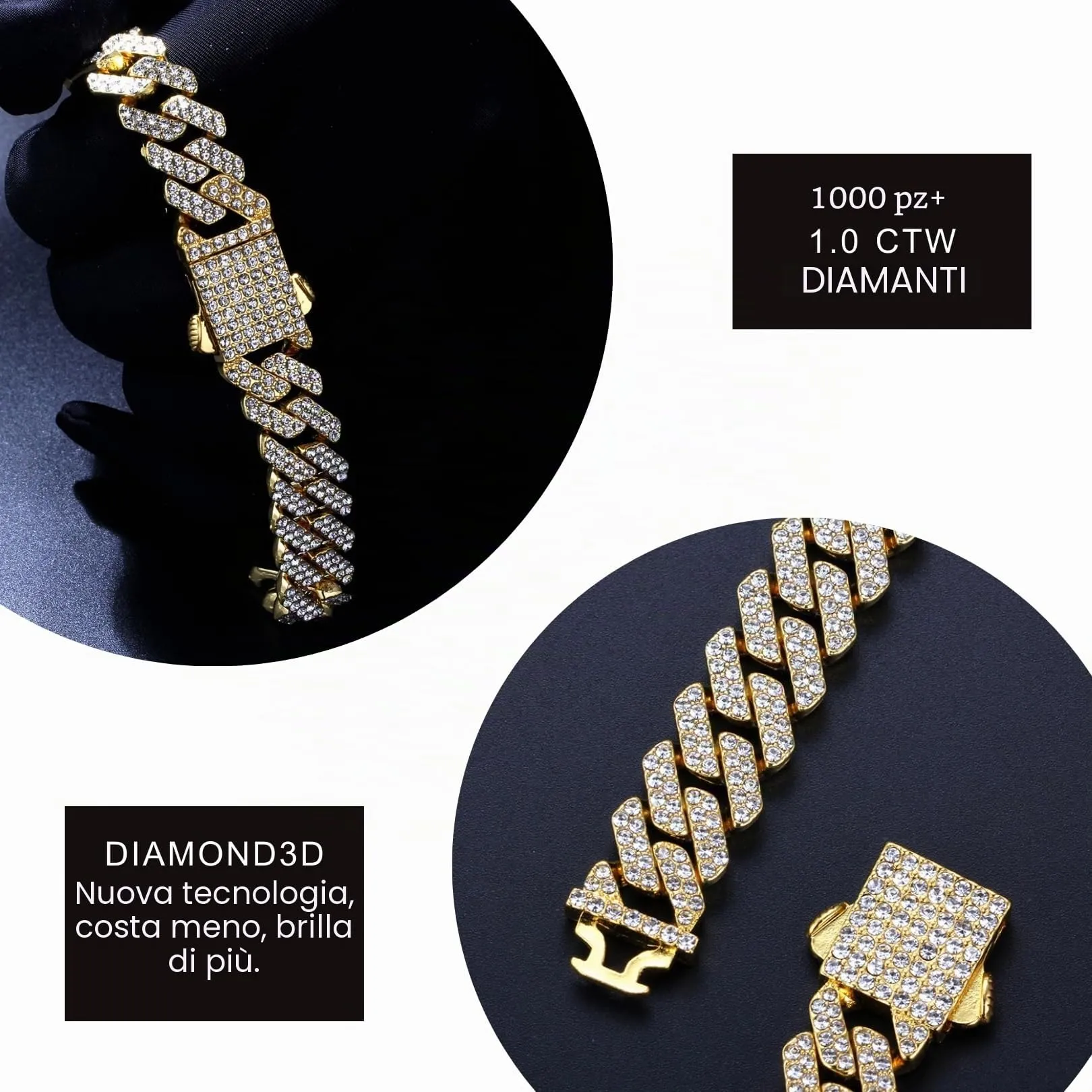 HALUKAKAH Set Collana e Bracciale a Maglie Cubane Placcati in Oro 18 Carati con Diamanti di Laboratorio, 12mm, 45cm e 20cm - immagine 5