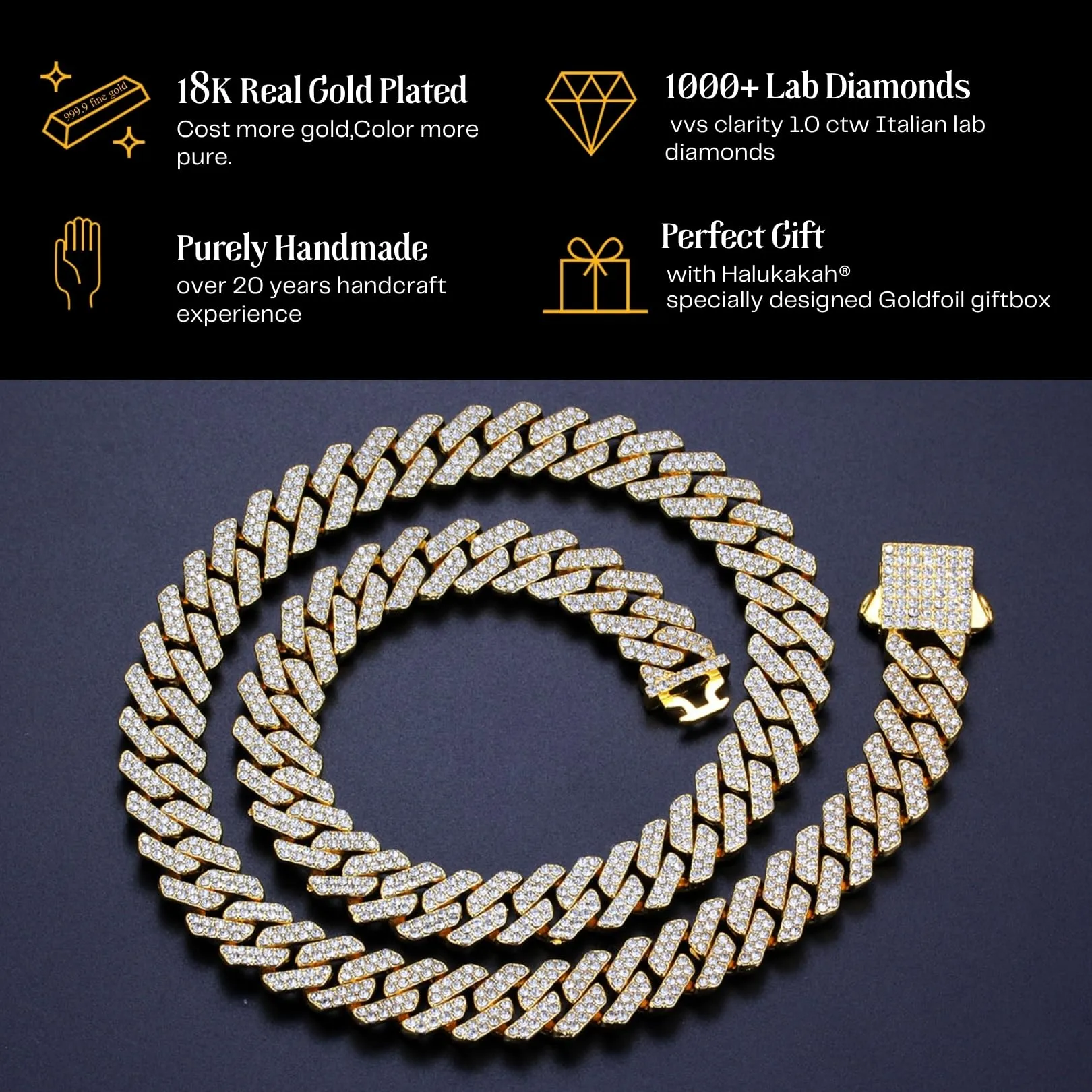 HALUKAKAH Set Collana e Bracciale a Maglie Cubane Placcati in Oro 18 Carati con Diamanti di Laboratorio, 12mm, 45cm e 20cm - immagine 6