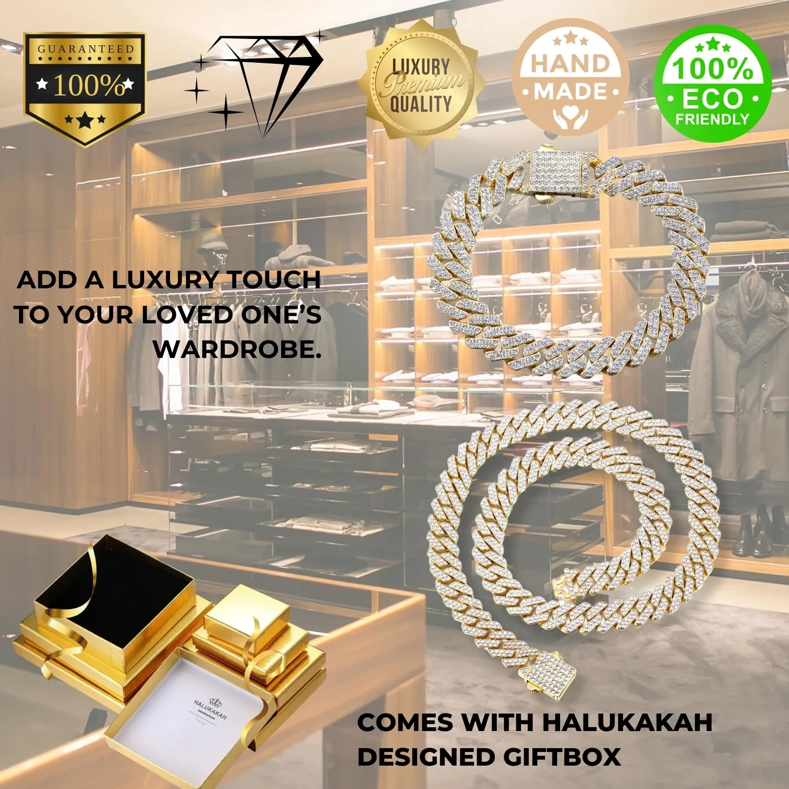 HALUKAKAH Set Collana e Bracciale a Maglie Cubane Placcati in Oro 18 Carati con Diamanti di Laboratorio, 12mm, 45cm e 20cm - immagine 7