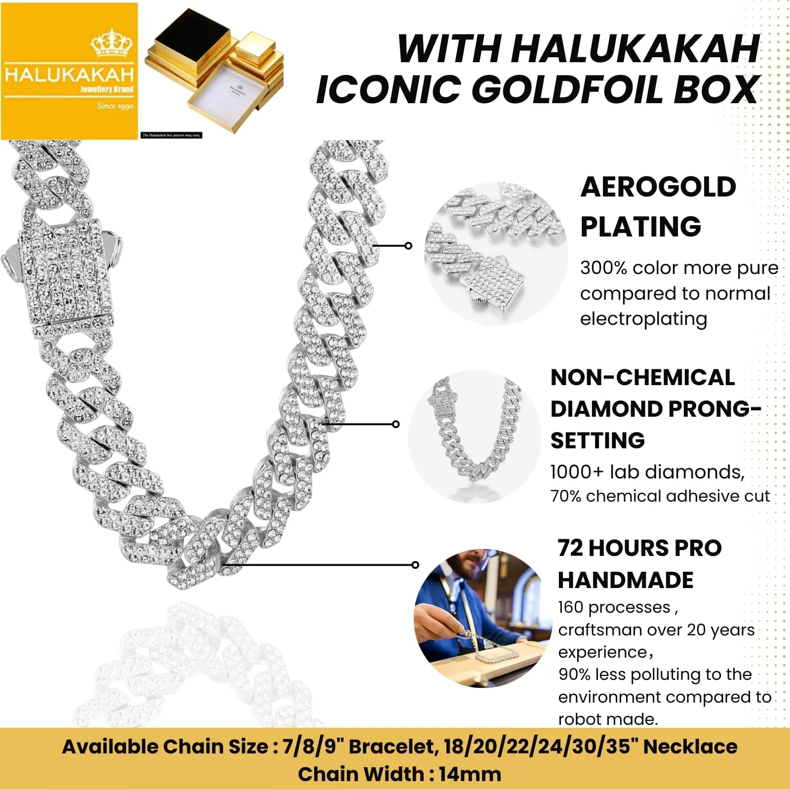 HALUKAKAH Collana a Maglie Cubane Placcata in Platino con Diamanti di Laboratorio, 12 mm x 50 cm - immagine 3