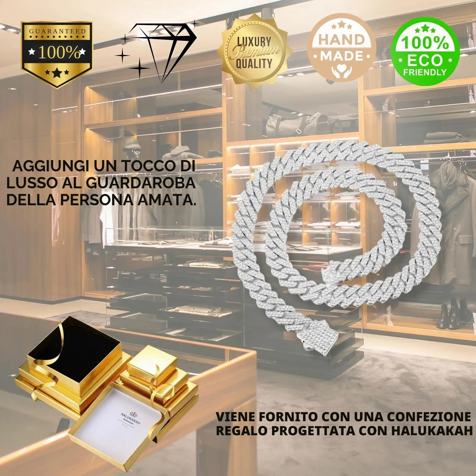 HALUKAKAH Collana a Maglie Cubane Placcata in Platino con Diamanti di Laboratorio, 12 mm x 50 cm - immagine 7