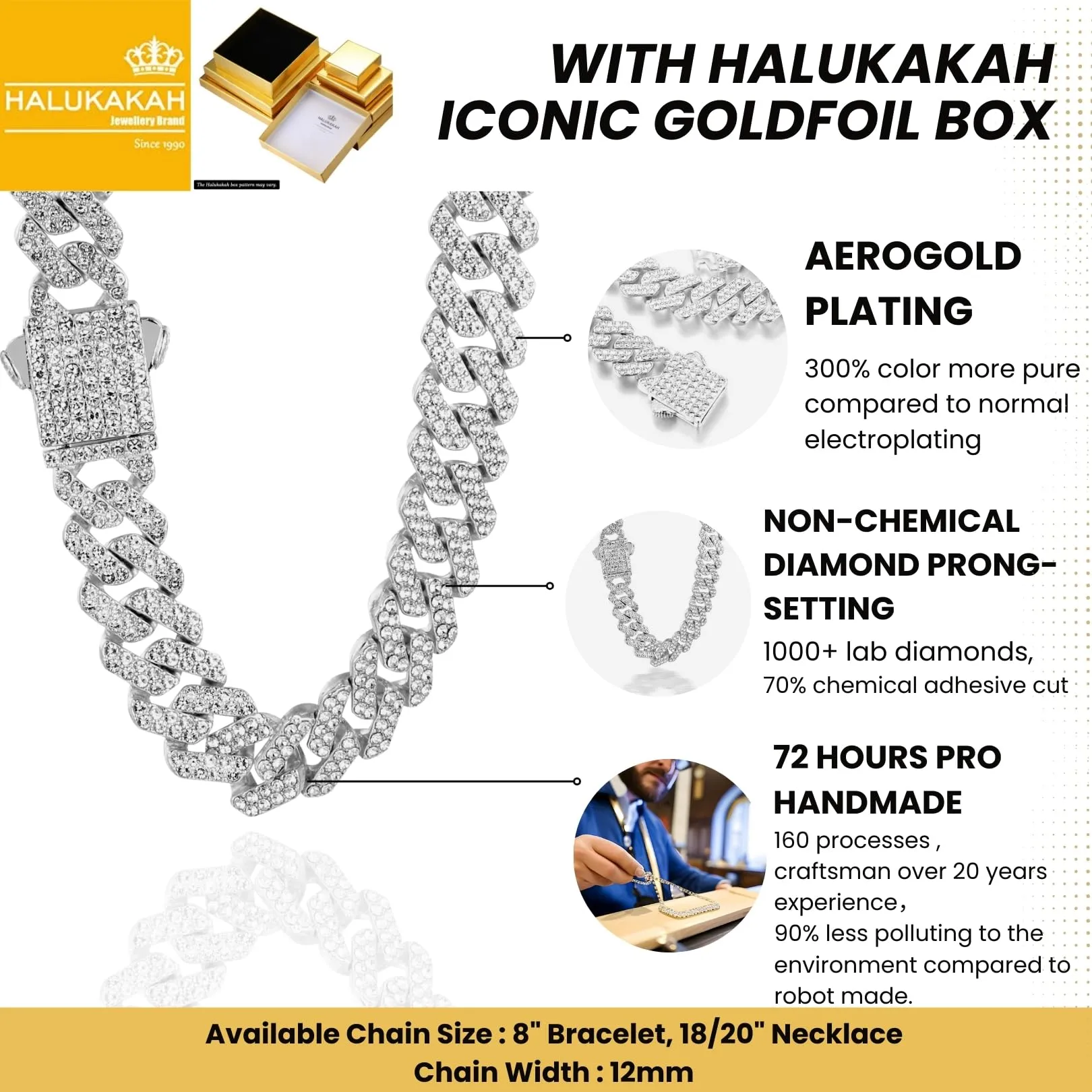 HALUKAKAH Bracciale e Collana a Maglie Cubane Placcato in Platino con Diamanti di Laboratorio, 12mm, 20cm e 45cm - immagine 4