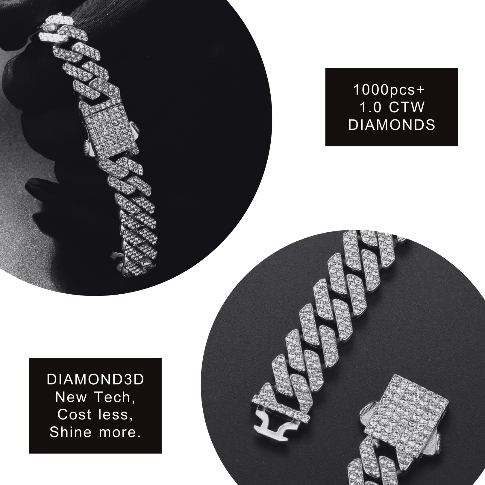 HALUKAKAH Bracciale e Collana a Maglie Cubane Placcato in Platino con Diamanti di Laboratorio, 12mm, 20cm e 45cm - immagine 5