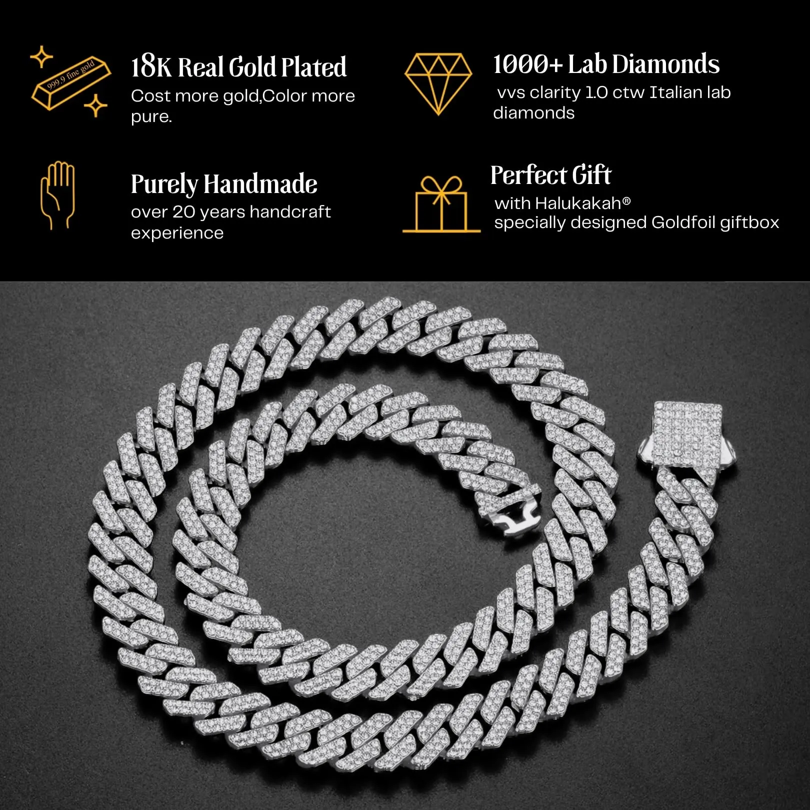 HALUKAKAH Bracciale e Collana a Maglie Cubane Placcato in Platino con Diamanti di Laboratorio, 12mm, 20cm e 45cm - immagine 6
