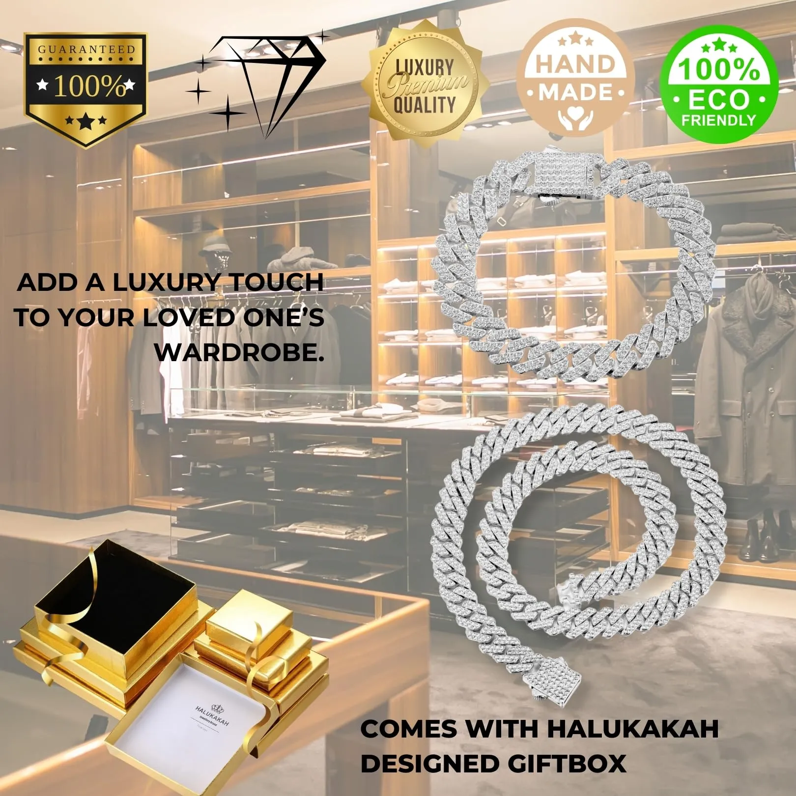 HALUKAKAH Bracciale e Collana a Maglie Cubane Placcato in Platino con Diamanti di Laboratorio, 12mm, 20cm e 45cm - immagine 7