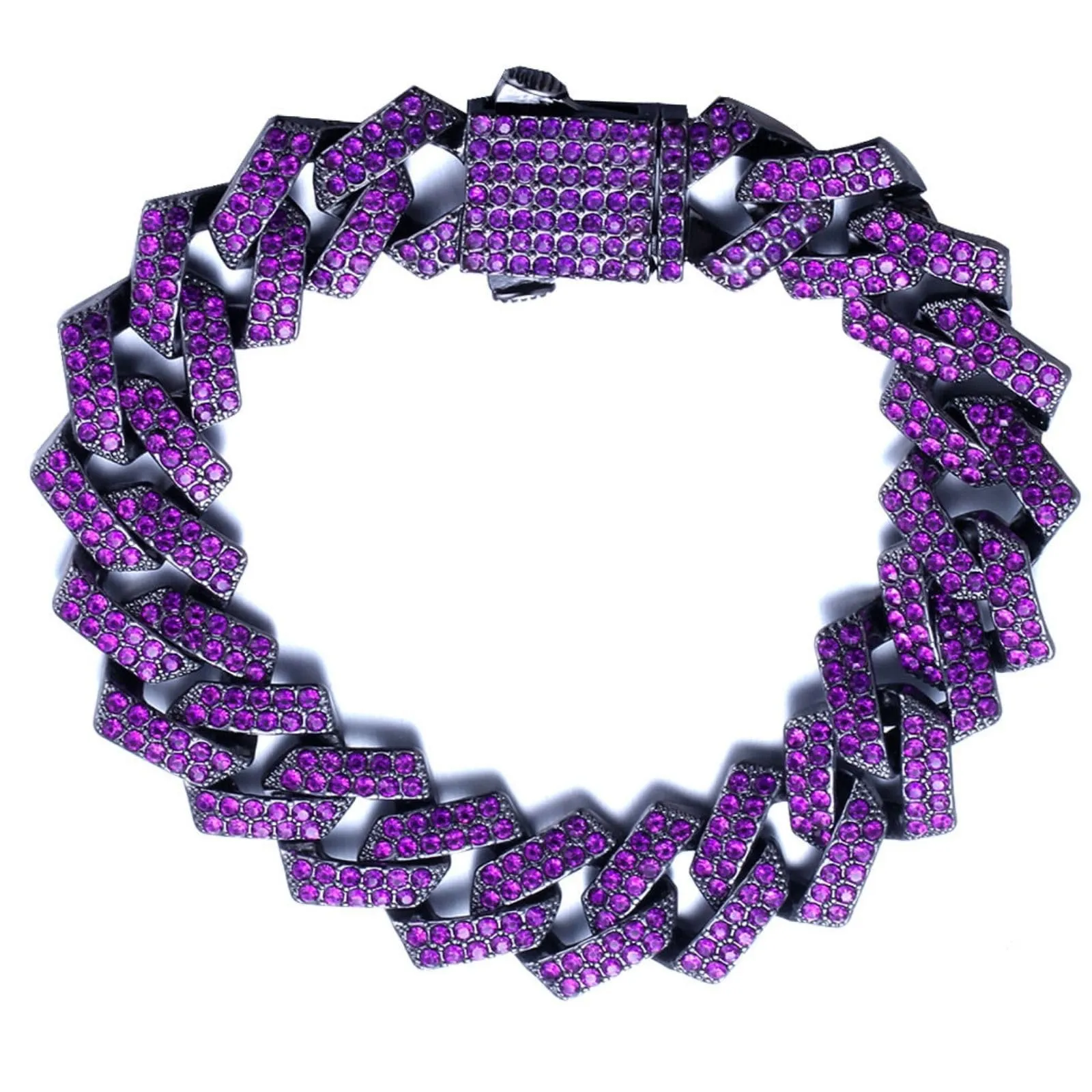 HALUKAKAH Bracciale a Maglie Cubane per Uomo, Gemma Ametista Viola, Placcato Rodio Nero, 12 mm x 20 cm - immagine 1