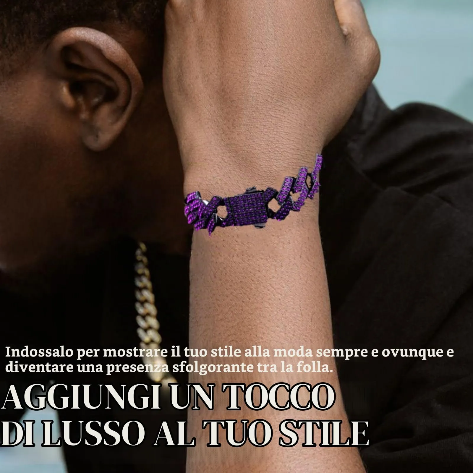 HALUKAKAH Bracciale a Maglie Cubane per Uomo, Gemma Ametista Viola, Placcato Rodio Nero, 12 mm x 20 cm - immagine 2