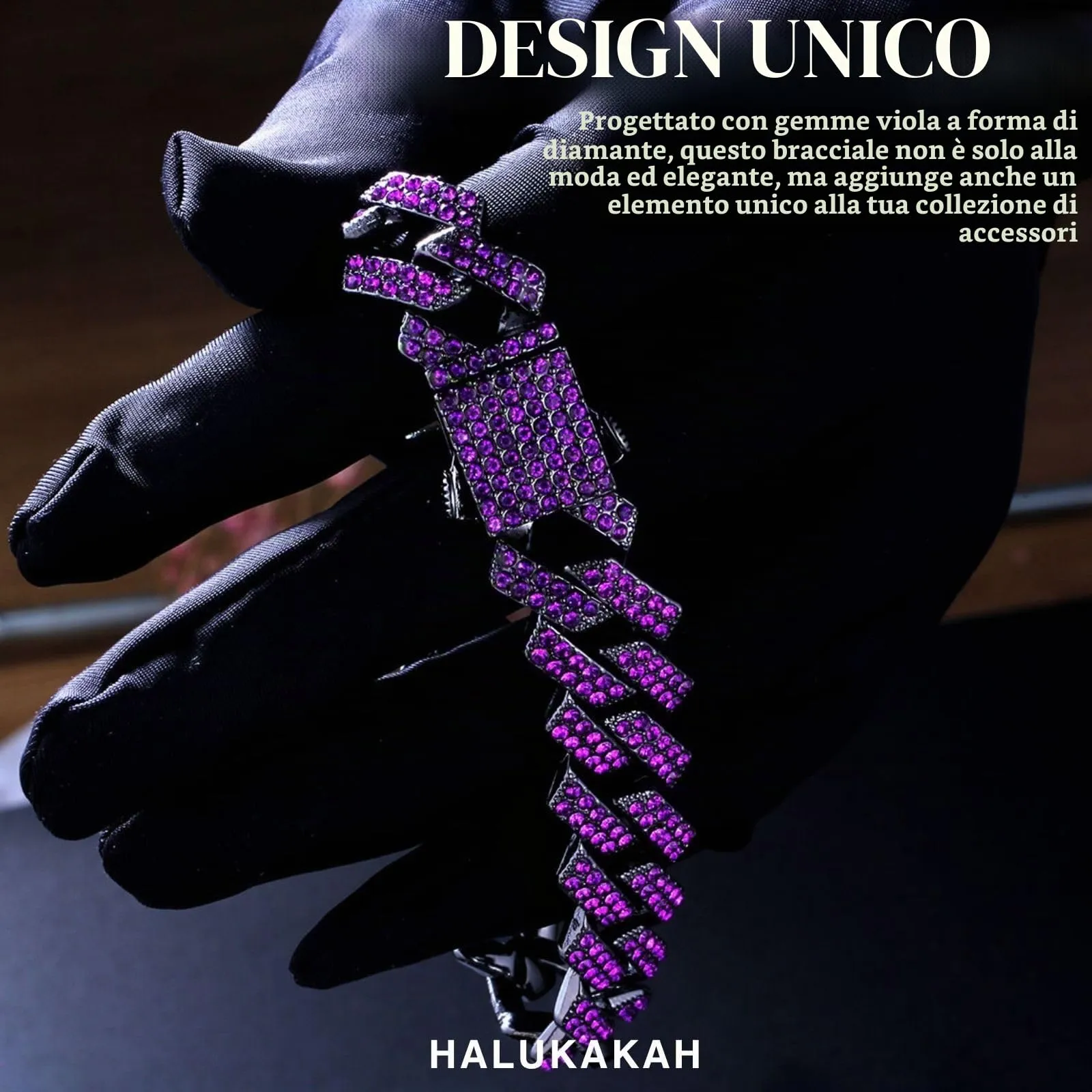 HALUKAKAH Bracciale a Maglie Cubane per Uomo, Gemma Ametista Viola, Placcato Rodio Nero, 12 mm x 20 cm - immagine 3
